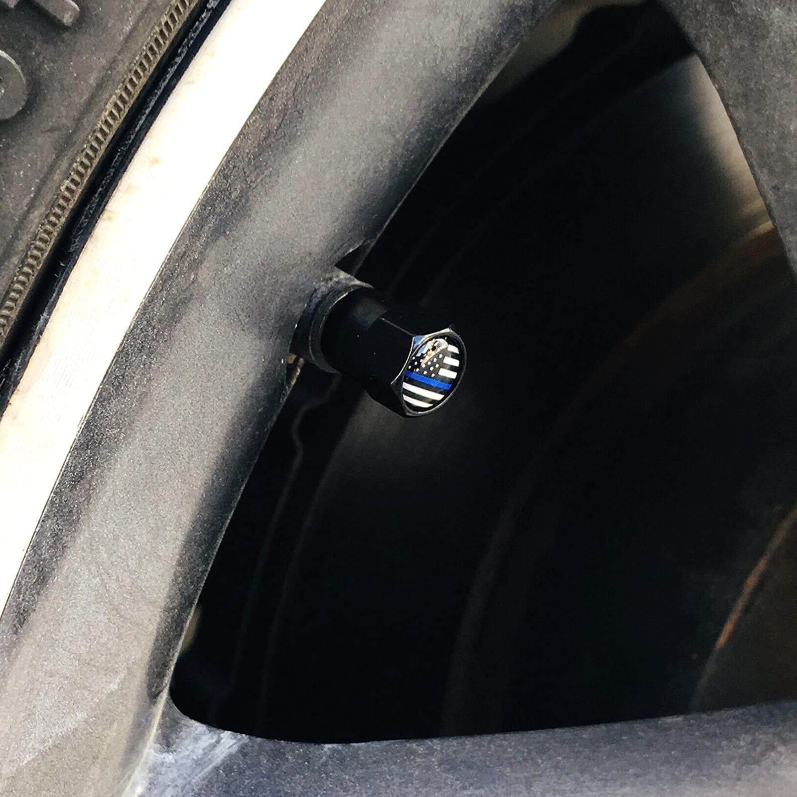 Dsycar 12 Pack Tire Stem Valve Caps Black, Thin Blue Line American Flag Hexagon Shape Design, Premium Metal Aluminum Rubber Seal Tire Valve Stem Caps ,Universal Fit (Mini - Black Blue Usa)