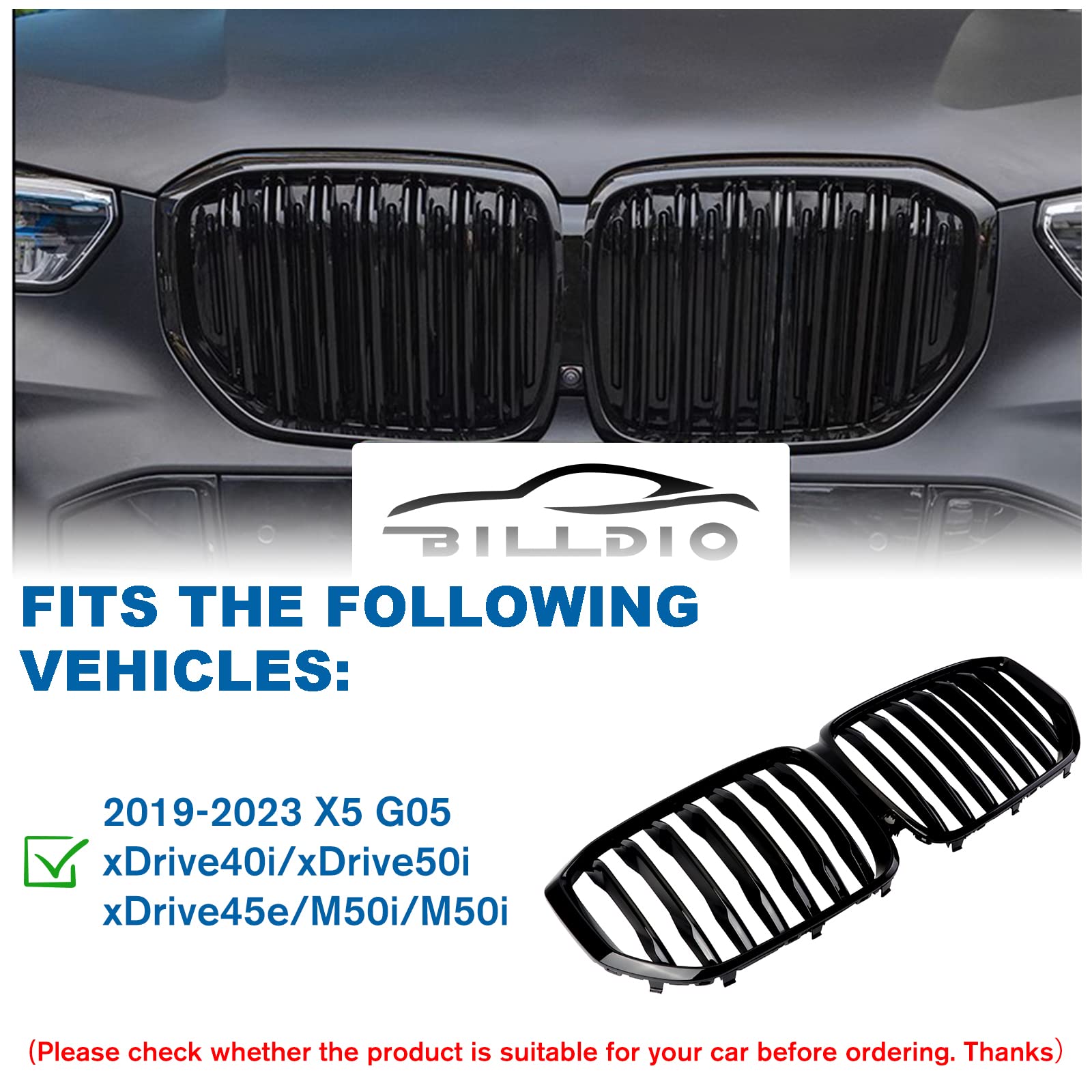 BILLDIO G05 Grill,Front Bumper Kidney Grille Compatible with 2019 2020 2021 2022 2023 X5 G05(ABS Gloss Black Kidney Grille,Doubl