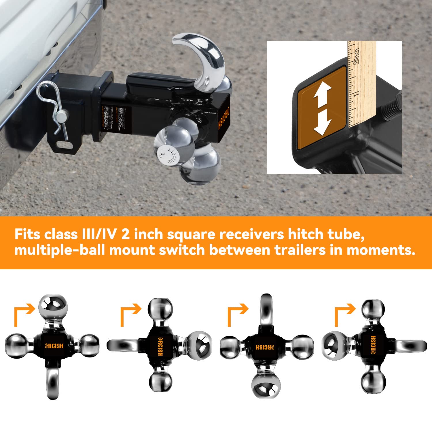 Orcish Trailer Hitch Tri-Ball Mount With Hook & Pin, Trailer Ball Size 1-7/8, 2 And 2-5/16, Fit 2 Inch Hitch Receiver, 2/3 In 1 Ball Truck Hitch, Tow Hitch