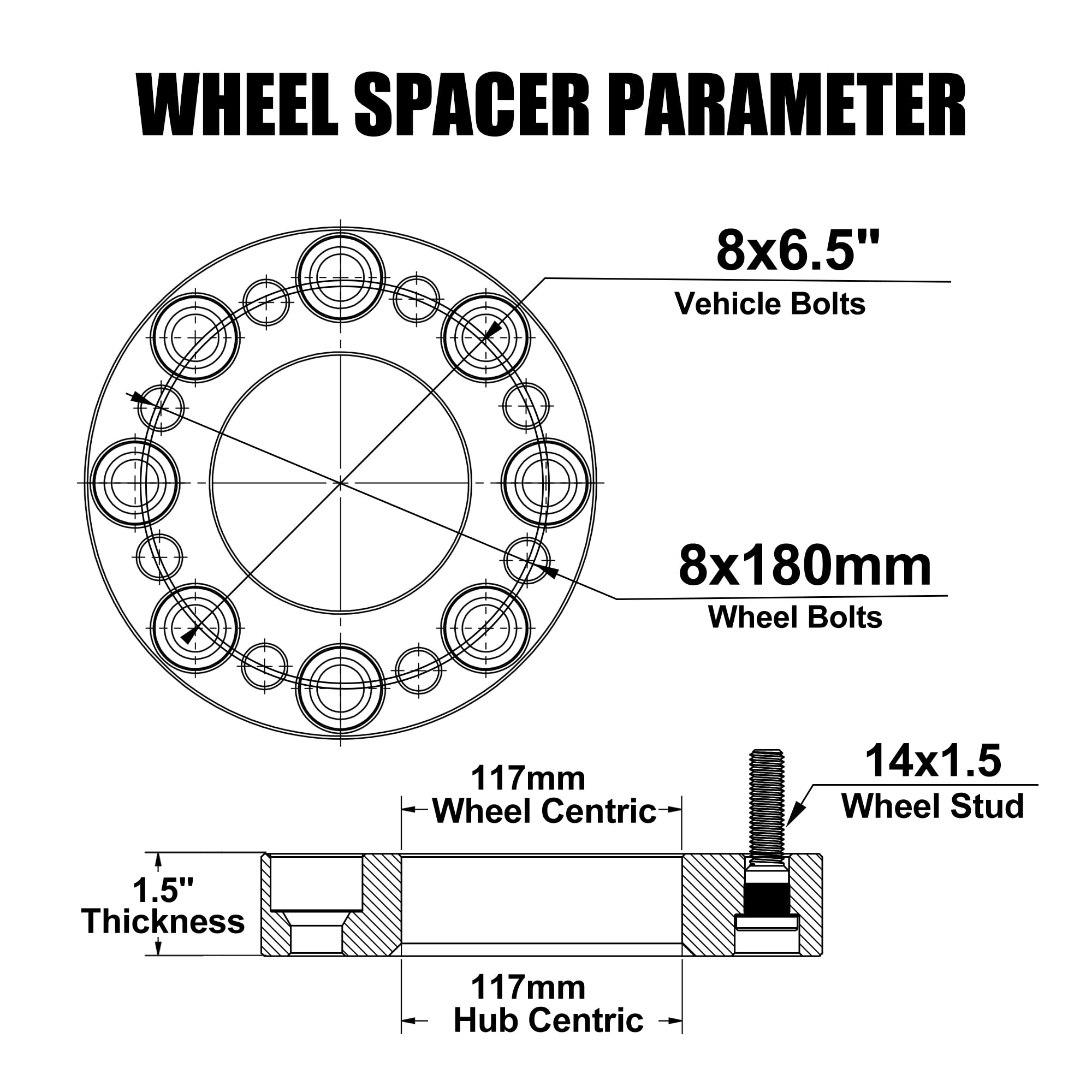 FLYCLE 8x6.5 to 8x180 Wheel Adapters, 1.5 inch 8x165.1mm to 8x180mm Wheel Adapter with M14x1.5 Studs & 117mm Center Bore for 199