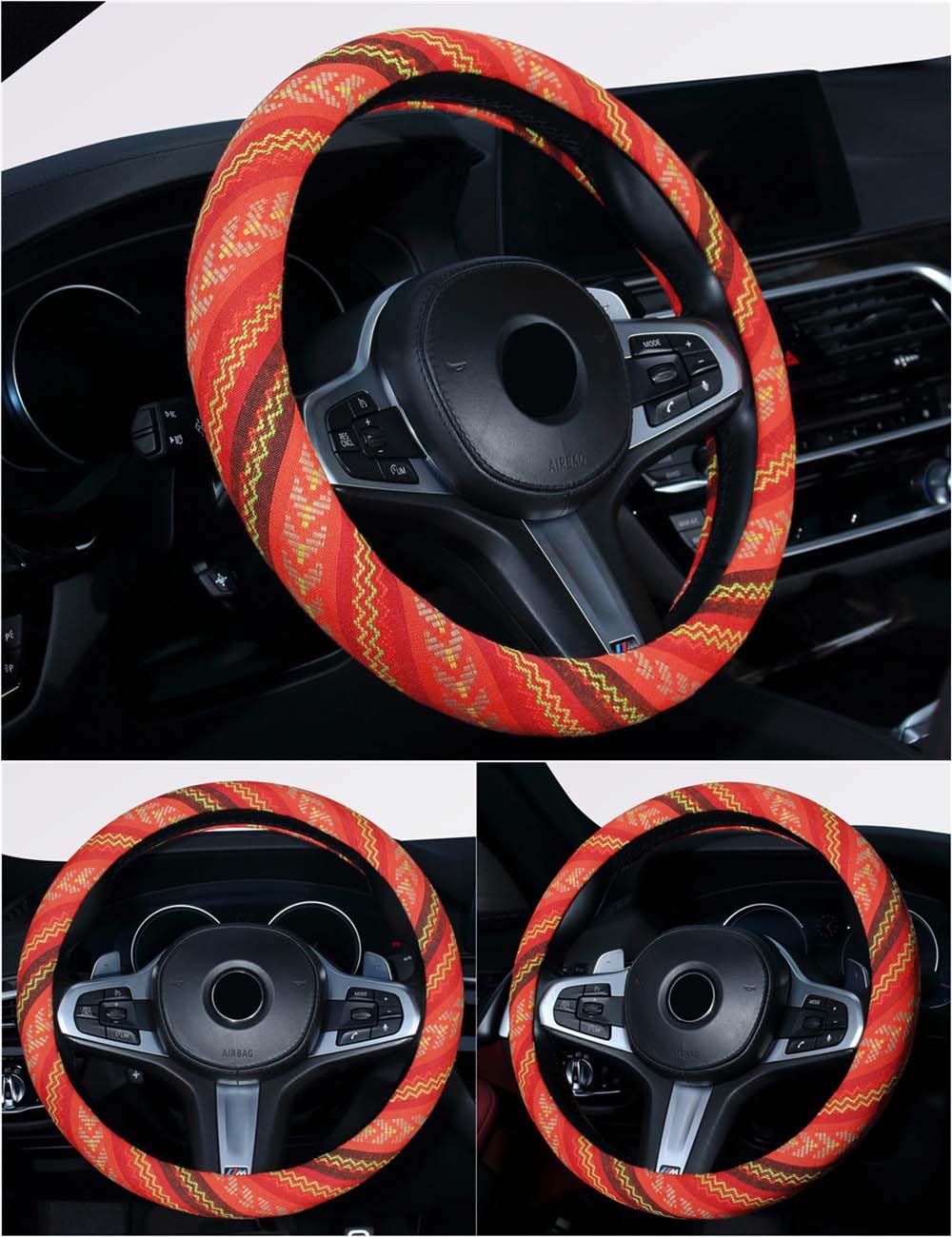 Istn Ethnic Style Coarse Flax Cloth Automotive Steering Wheel Cover Anti Slip And Sweat Absorption Auto Car Wrap Cover (J, 14.5'