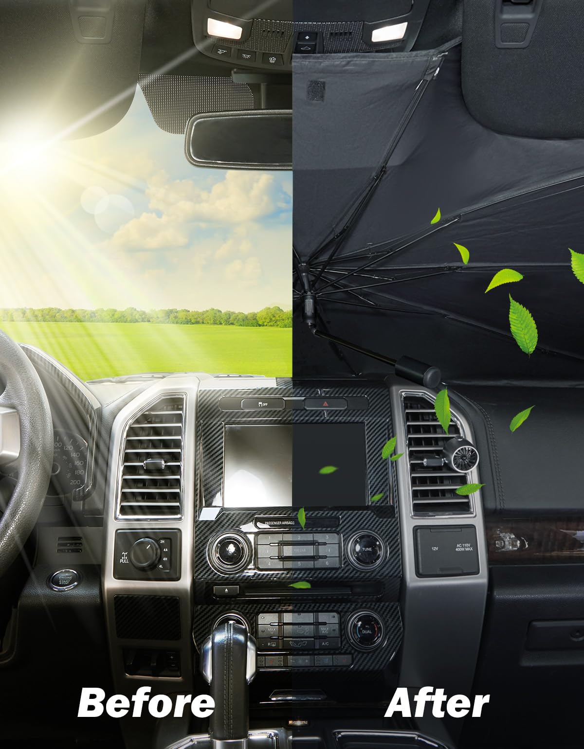 Joytutus Windshield Sun Shade Umbrella, Fit For Ford 2015-2024 F150 F250 F350, With 360 Rotation Bendable Shaft, Titanium Silver