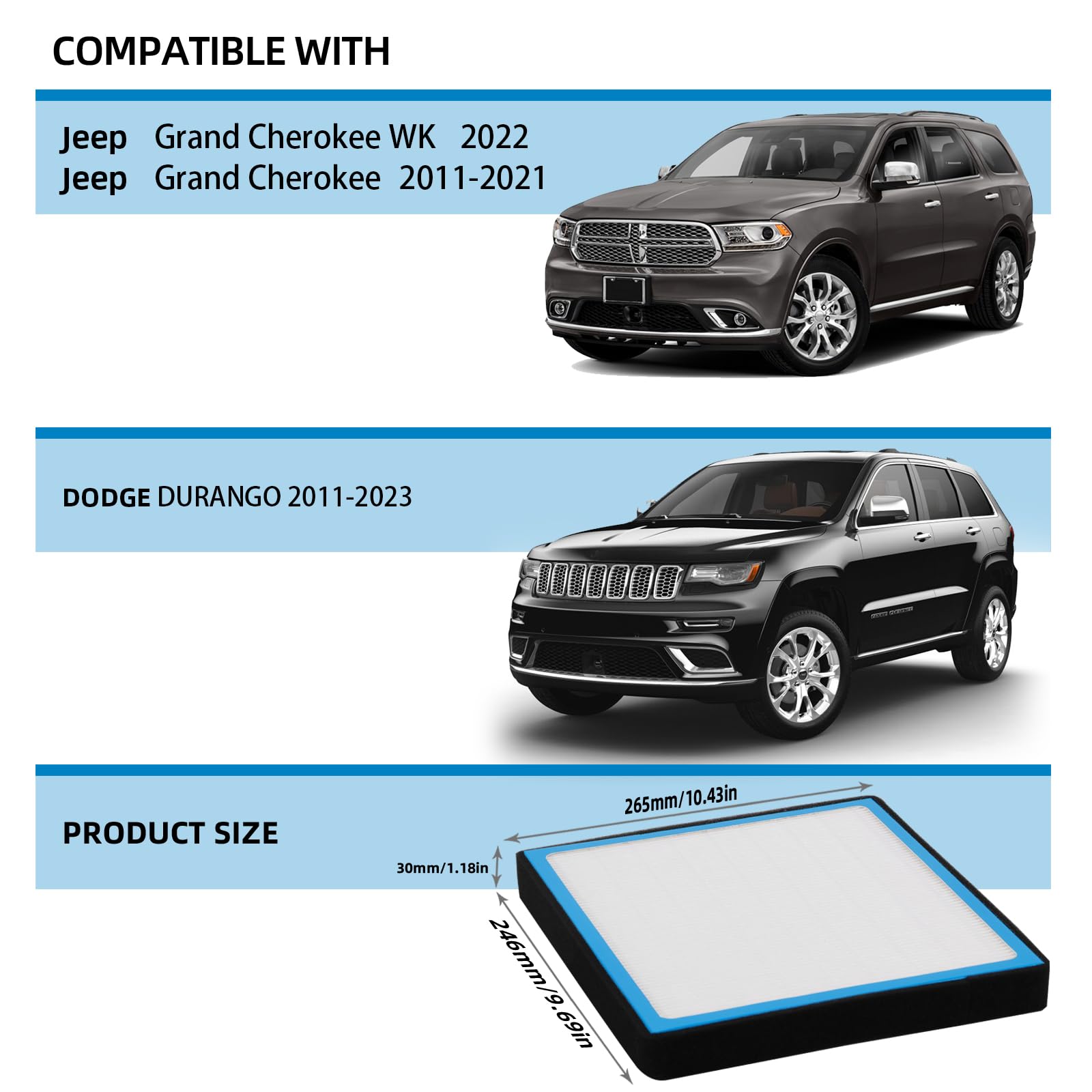 1*Hepa Cabin Air Filter Replacement 6040C Compatible With Dodge Durango,Jeep Grand Cherokee 2011 2012 2013 2014 2015 2016 2017 2018 2019 2020 2021