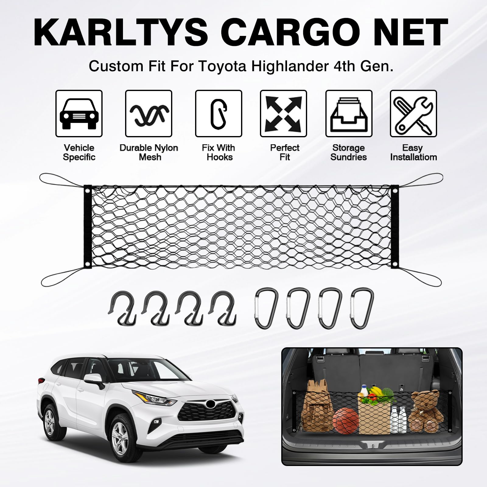 Karltys Envelope Style Cargo Net For 2014-2024 2025 Toyota Highlander, Heavy Duty Rear Trunk Mesh Cargo Net For Highlander Acces