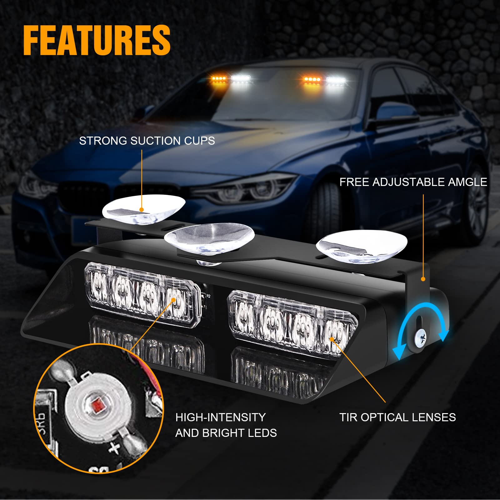 Xridonsen 2 In 1 Emergency Dash Strobe Lights Interior Windshield Lights Deck Split Amber White Warning Safety Flashing Lights W/Suction Cups For Construction Vehicles, Trucks (2×7.16 Inch, 16 Led)