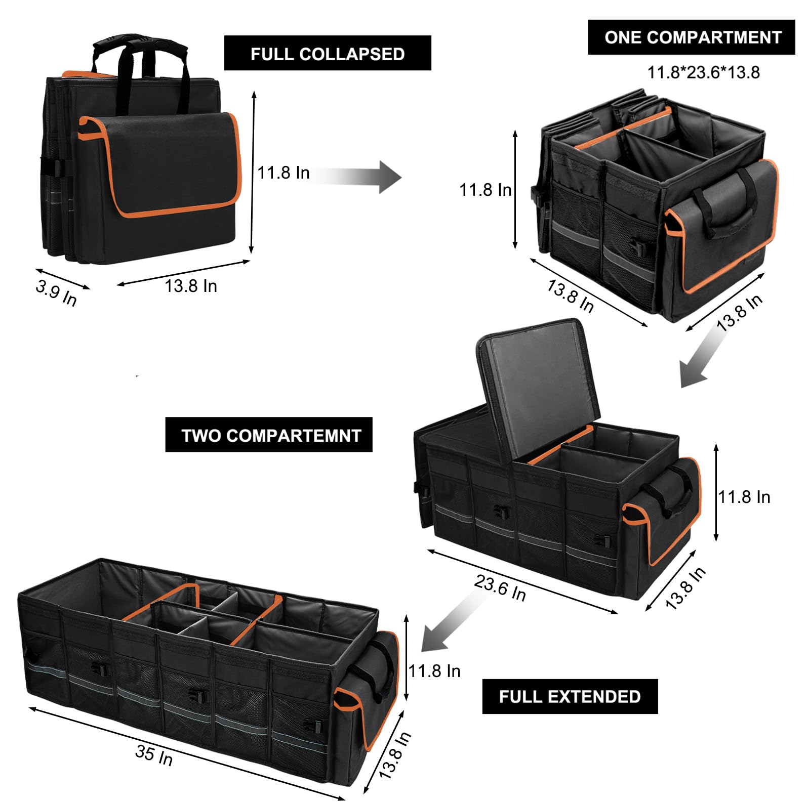 Car Trunk Organizer and Storage with Lid & Removable Leakproof Cooler Bag, Car Accessories 6 Removable Dividers for Custom Space