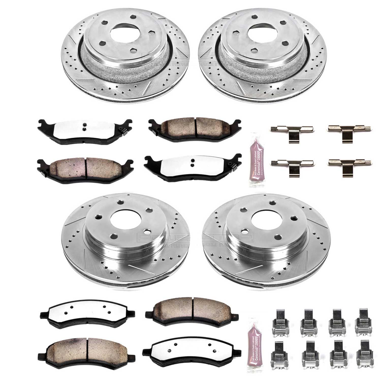 Power Stop Brake Kit - Front & Rear Drilled Slotted Rotors with Carbon-Fiber Ceramic Pads for 2007-2022 Ram 1500, Aspen, Durango - K2164-
