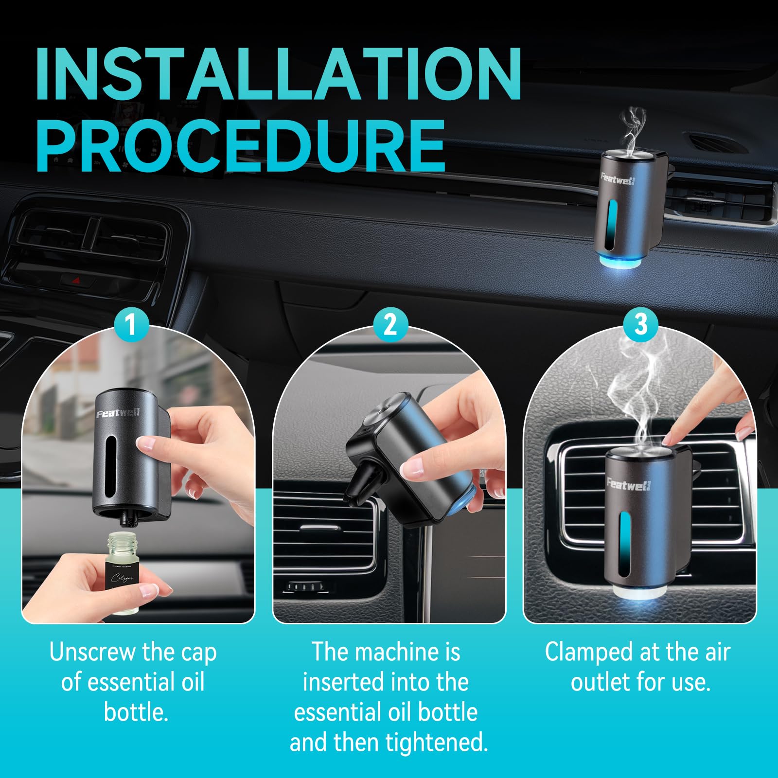 Featwell Car Air Freshener, Three Adjustable Modes Intelligent Aroma Diffuser, Rechargeable Car Diffuser Air Freshener, Grey