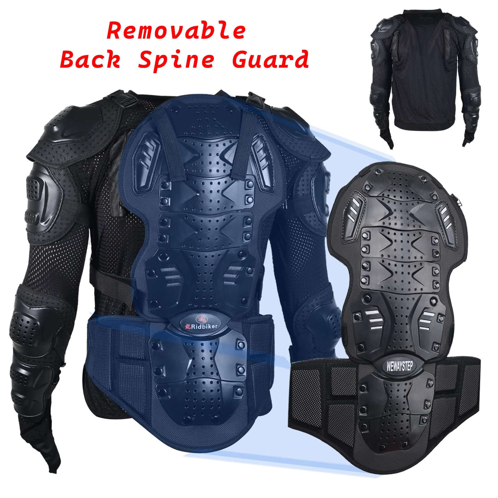 Ridbiker Motorcycle Full Body Armor Protector Removable Racing Jacket Motocross Spine Chest Motocross Protective Shirt (Black, S