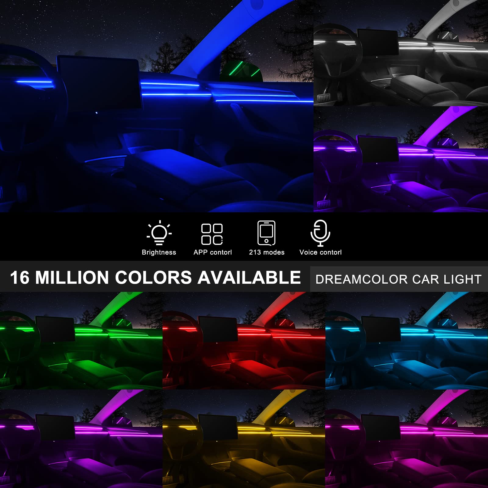 Acrylic Interior Car Led Strip Light With Wireless App, Rgb 14 In 1 With 175 Inches 593 Leds Fiber Optic Ambient Lighting Kits,