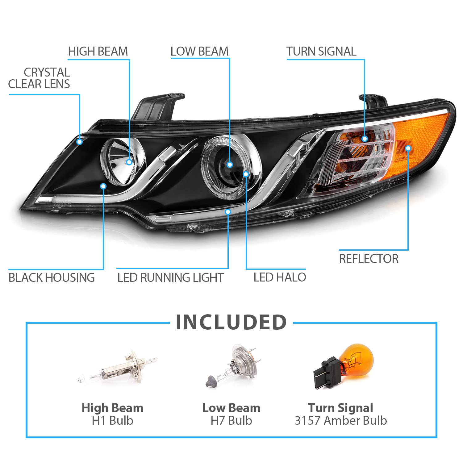 Amerilite For 2010-2013 Forte Koup Dual Led Halos + Tube Black Replacement Projector Headlights Pair - Passenger And Driver Side