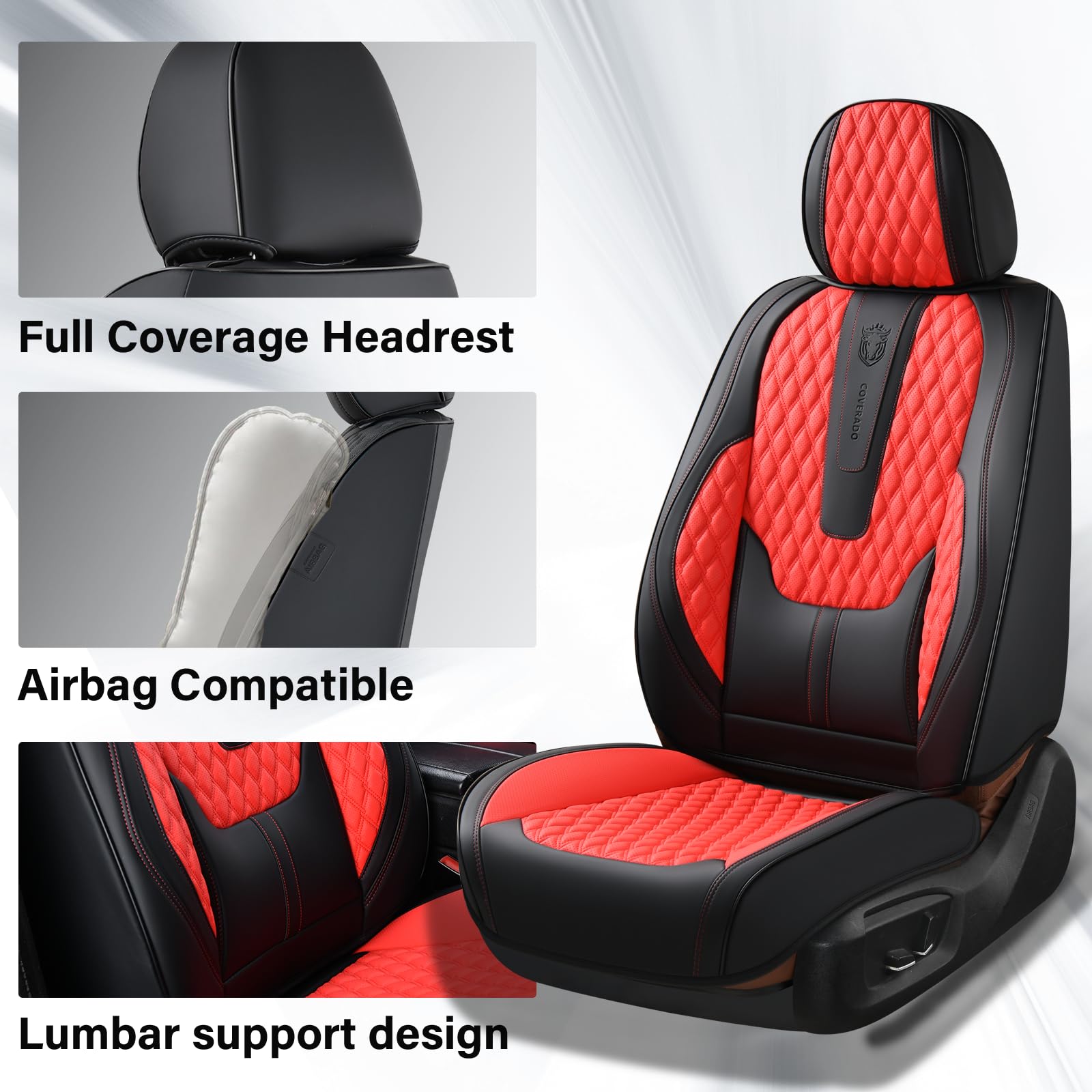 Coverado Car Seat Covers Full Set, 5 Seat Leather Seat Covers for Cars, Car Seat Protector with Lumbar Support, Waterproof Seat