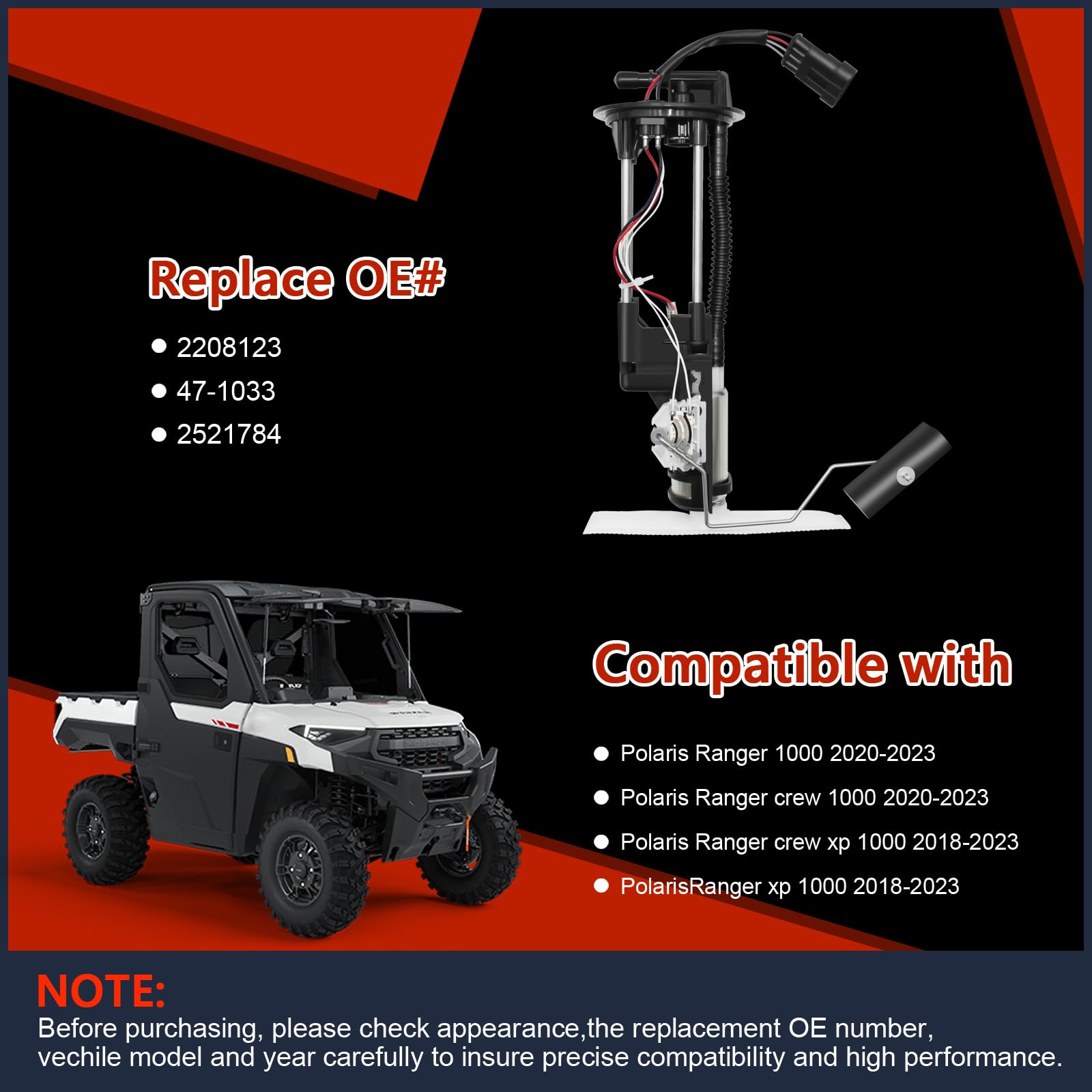 2208123 Electric Fuel Pump Assembly Compatible With Polaris Ranger XP 1000 EPS | Ranger Crew XP 1000 2018-2023, Fits for Polaris