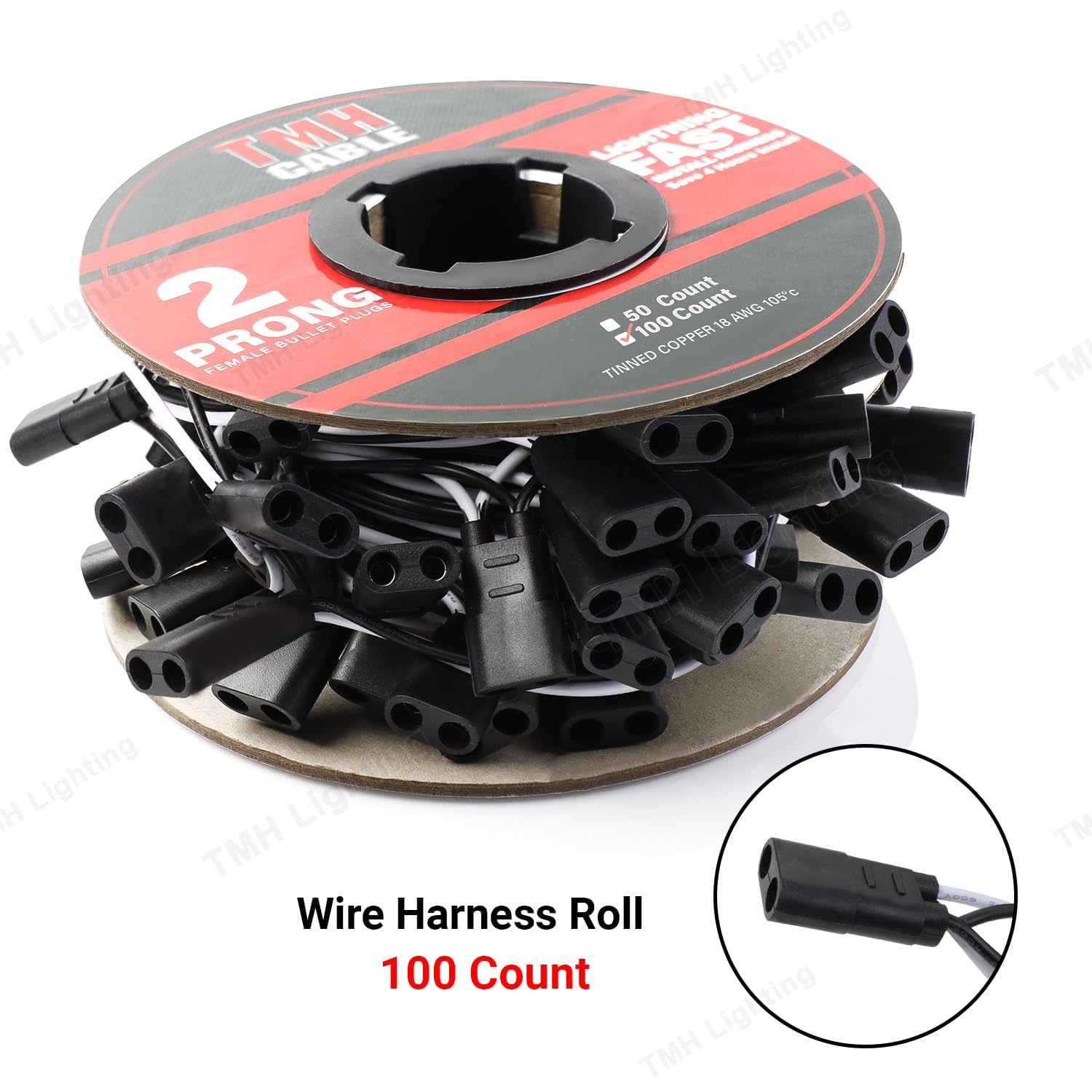 Tmh 100 Count 2-Prong Wire Harness Roll Double Female Bullet Plug 18 Gauge - 6.5'' Spacing For Led Marker Clearance Lights Hassl