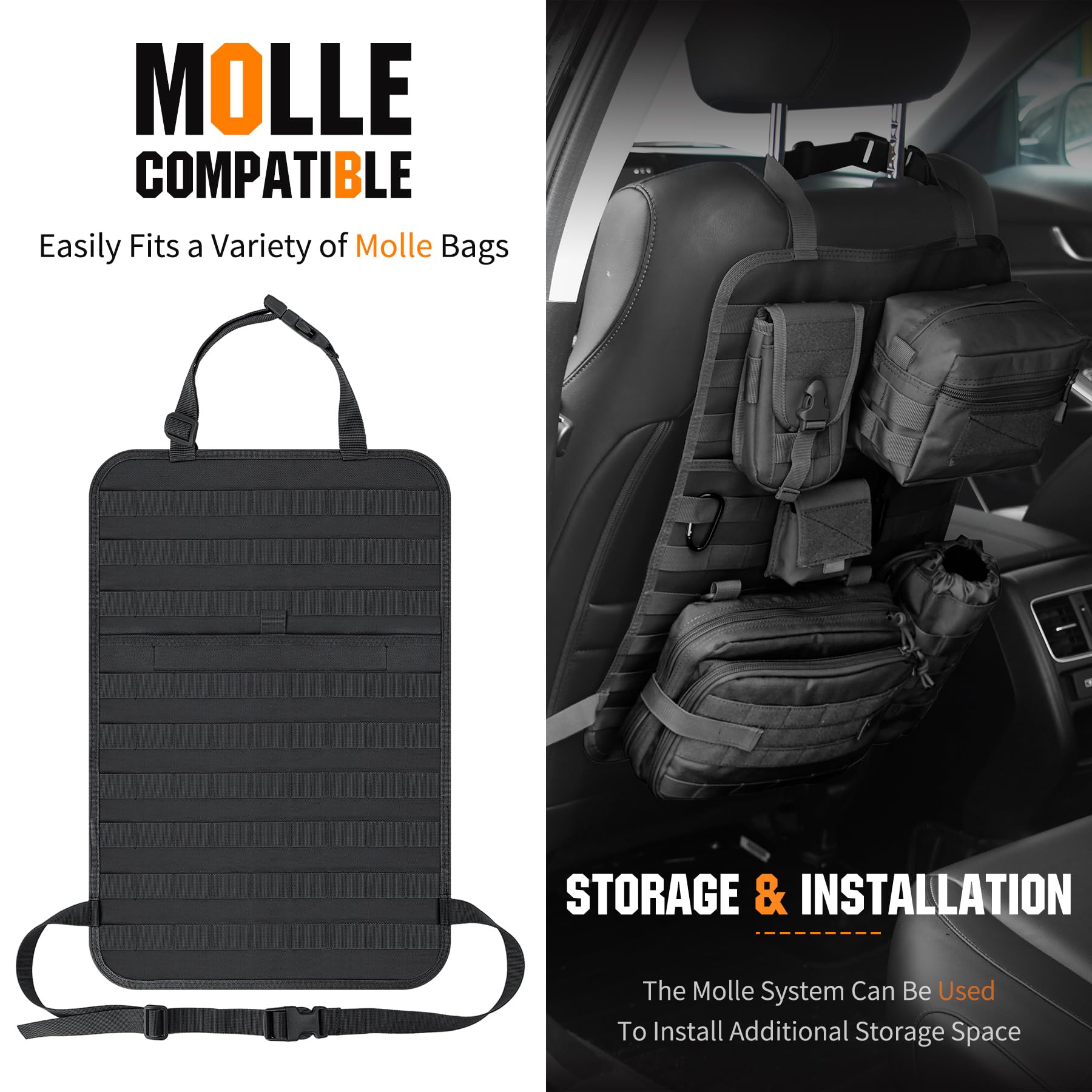 IronSeals Car Seat Back Organizer, Tactical Molle Panel Sag Proof Vehicle Seat Cover Protector Nylon Car Seat Back Hanger Bag Pa