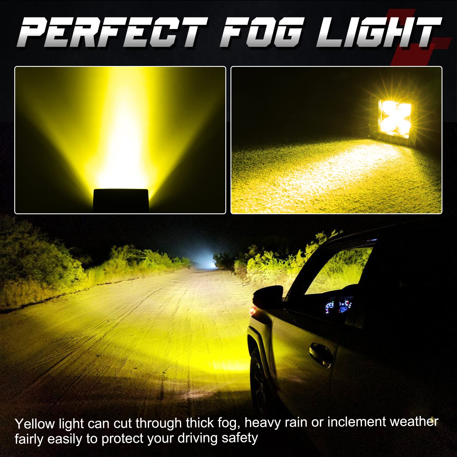 Yellow Led Pods, Offroadtown 100W 2Pcs 3 Inch Cree Led Cubes Light Spot Beam Off Road Driving Lights Led Pod Lights Square Led C