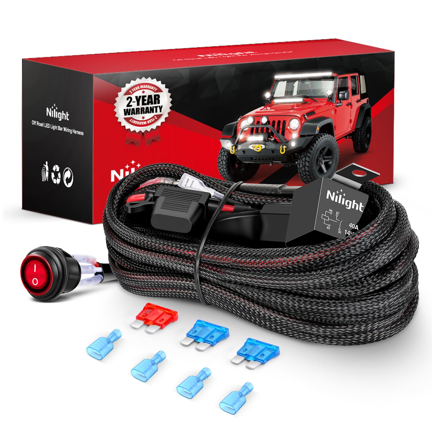 Nilight Wiring Harness Kit Nylon 16 Awg 2 Leads 12 V On Off Switch Power Relay Blade Fuse For Led Light Bar Off Road Lights On C