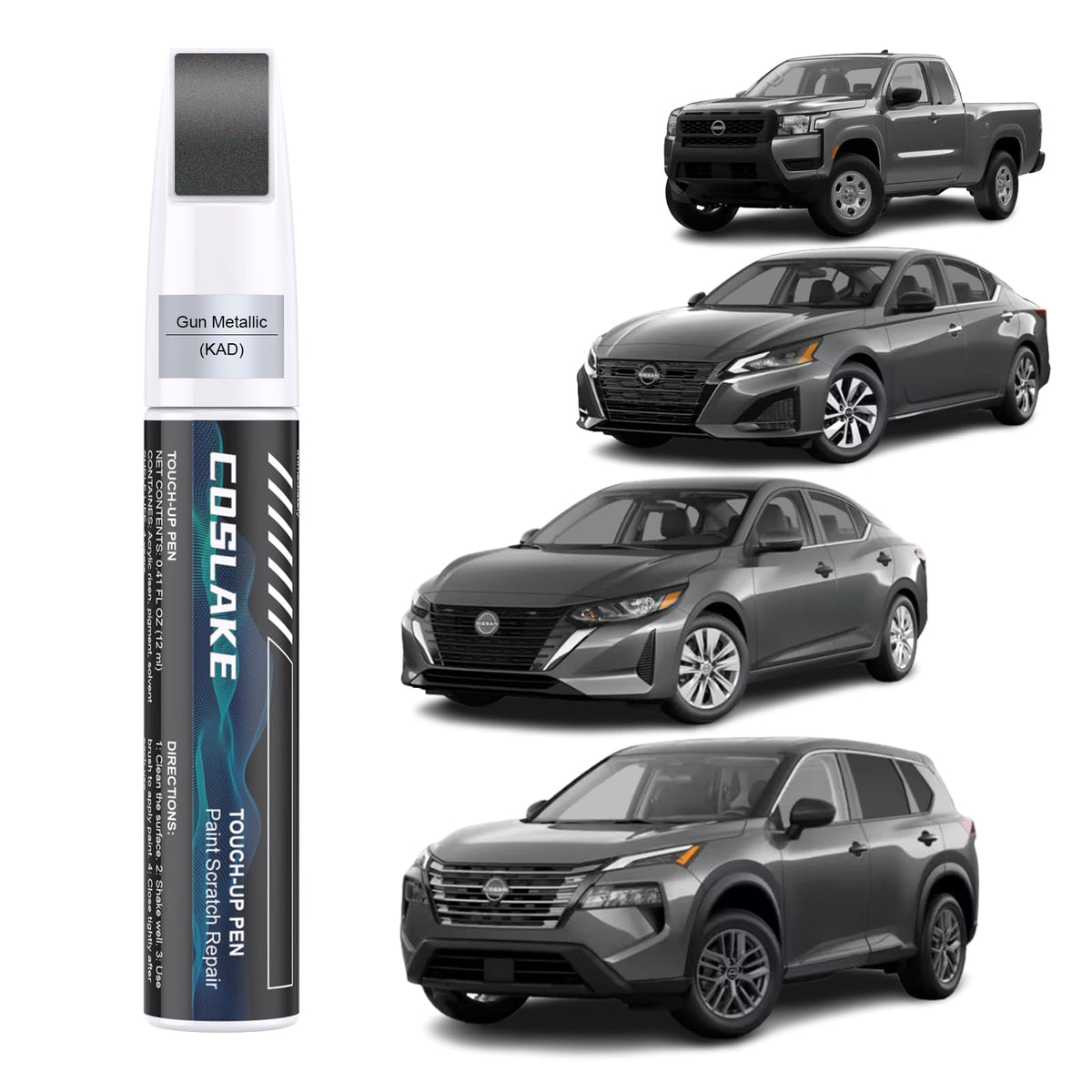COSLAKE Car Touch Up Paint(Gun Metallic(KAD)) for Nissan, Car Paint Scratch Repair Kit, Quick & Easy Solution to Repair, 2 in 1 