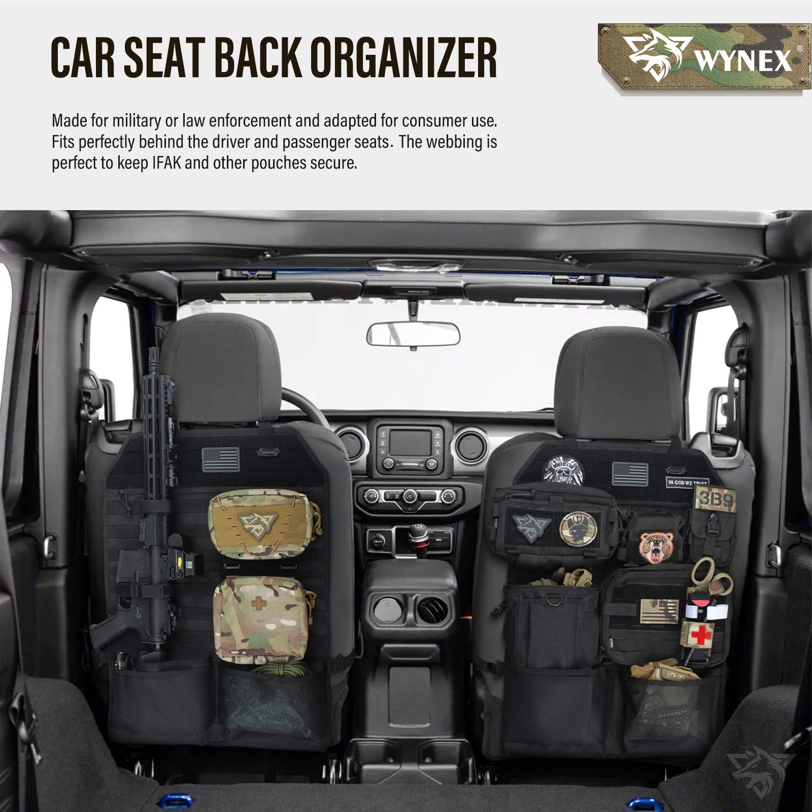 Wynex Car Seat Back Organizer With Sling Rack, Molle Backseat Cover Protector With Visual Pocket And Patch, Universal Fits Vehic