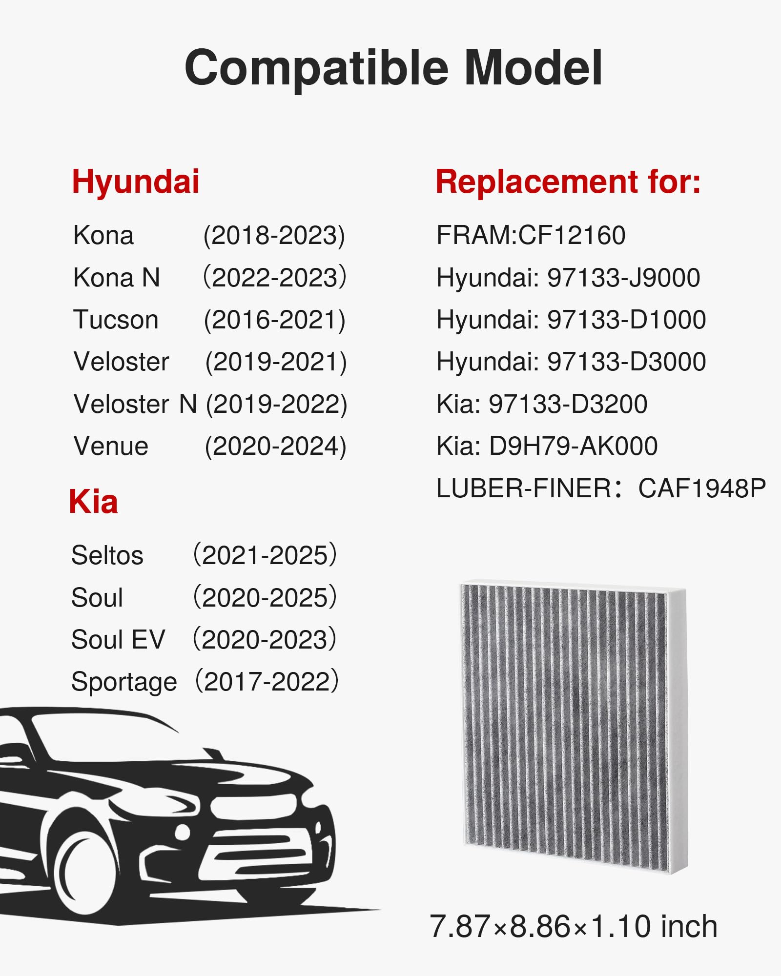 Puroma Cabin Air Filter with Activated Carbon, Compatible with CF12160, CAF1948P, Hyundai Kona 18-23, Tucson 16-21, Veloster 19-