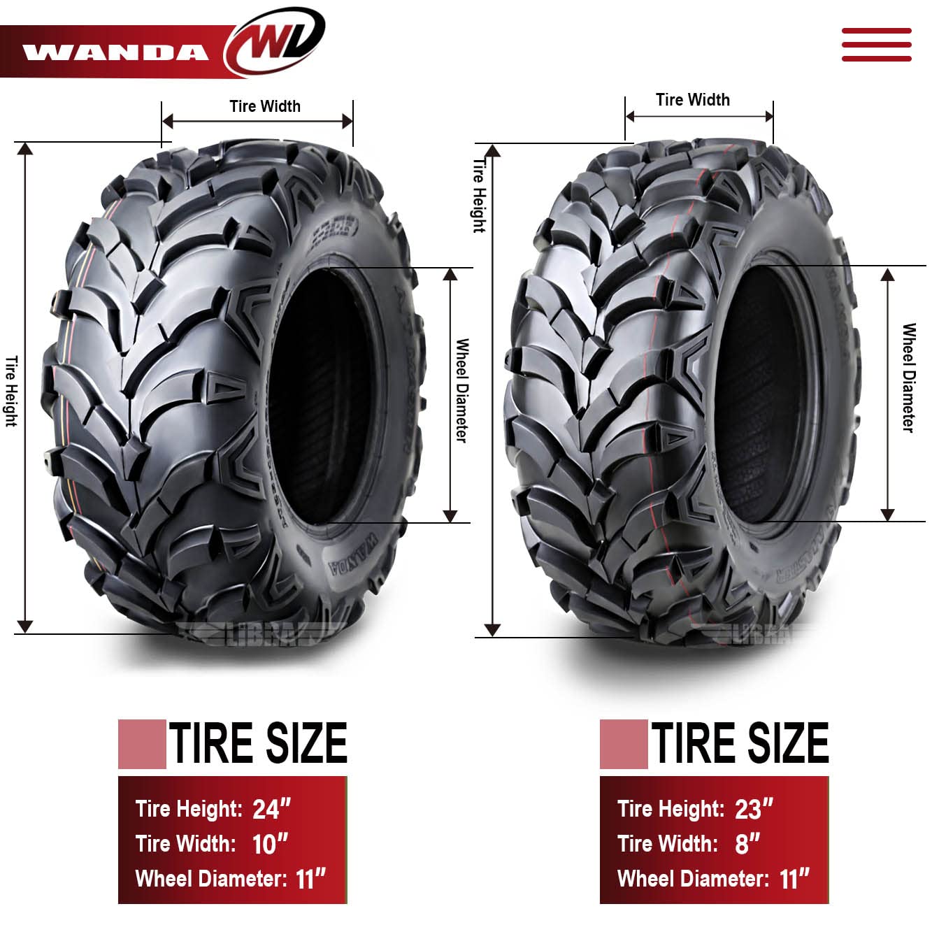 Wanda Set 4 At Master Atv/Utv Tires 23X8-11 Front & 24X10-11 Rear /6Pr P341