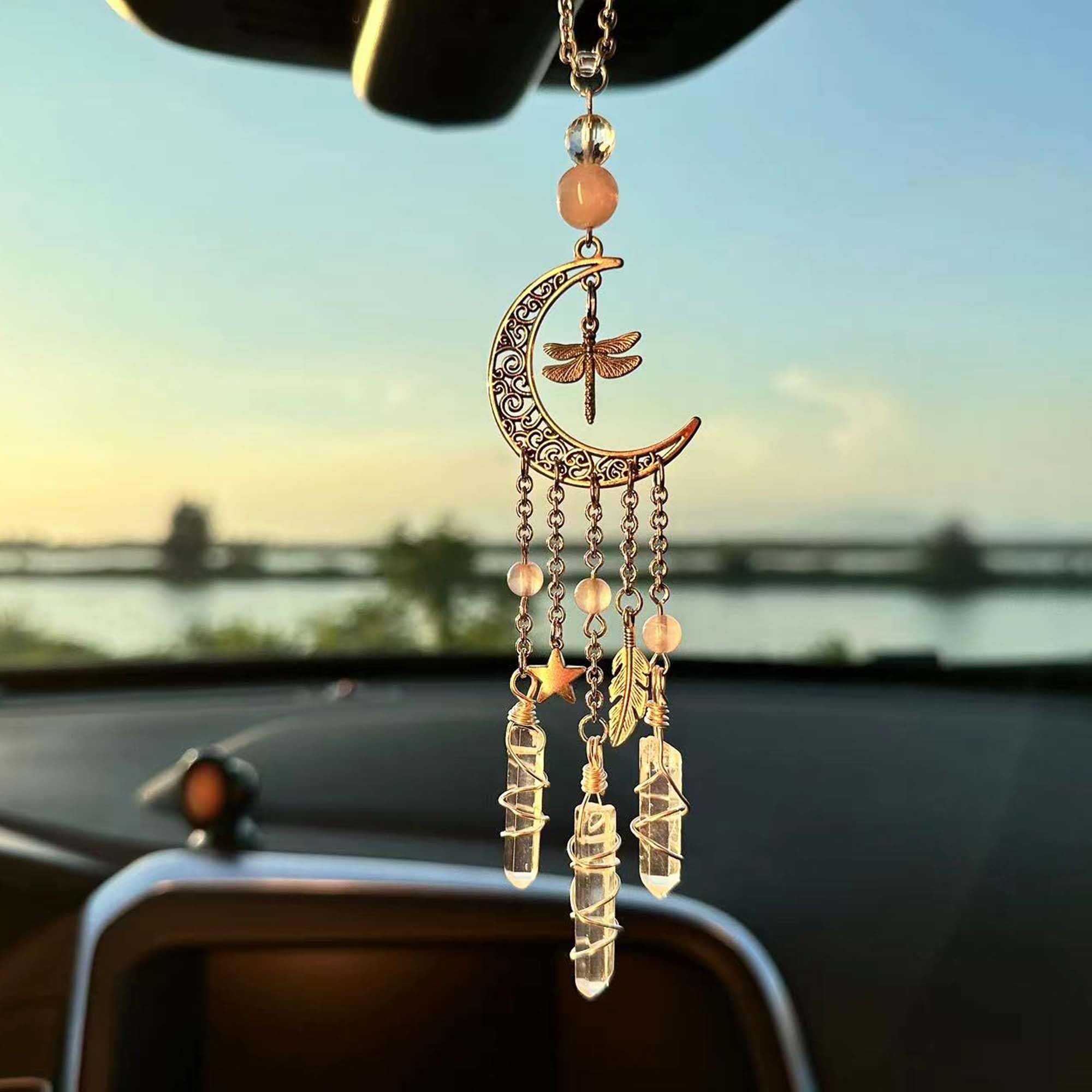 Hanging Car Charm, Handmade Crystal Window Car Hanging Ornaments, Dangling Moon, Healing Crystal Accessories, Rearview Mirror De
