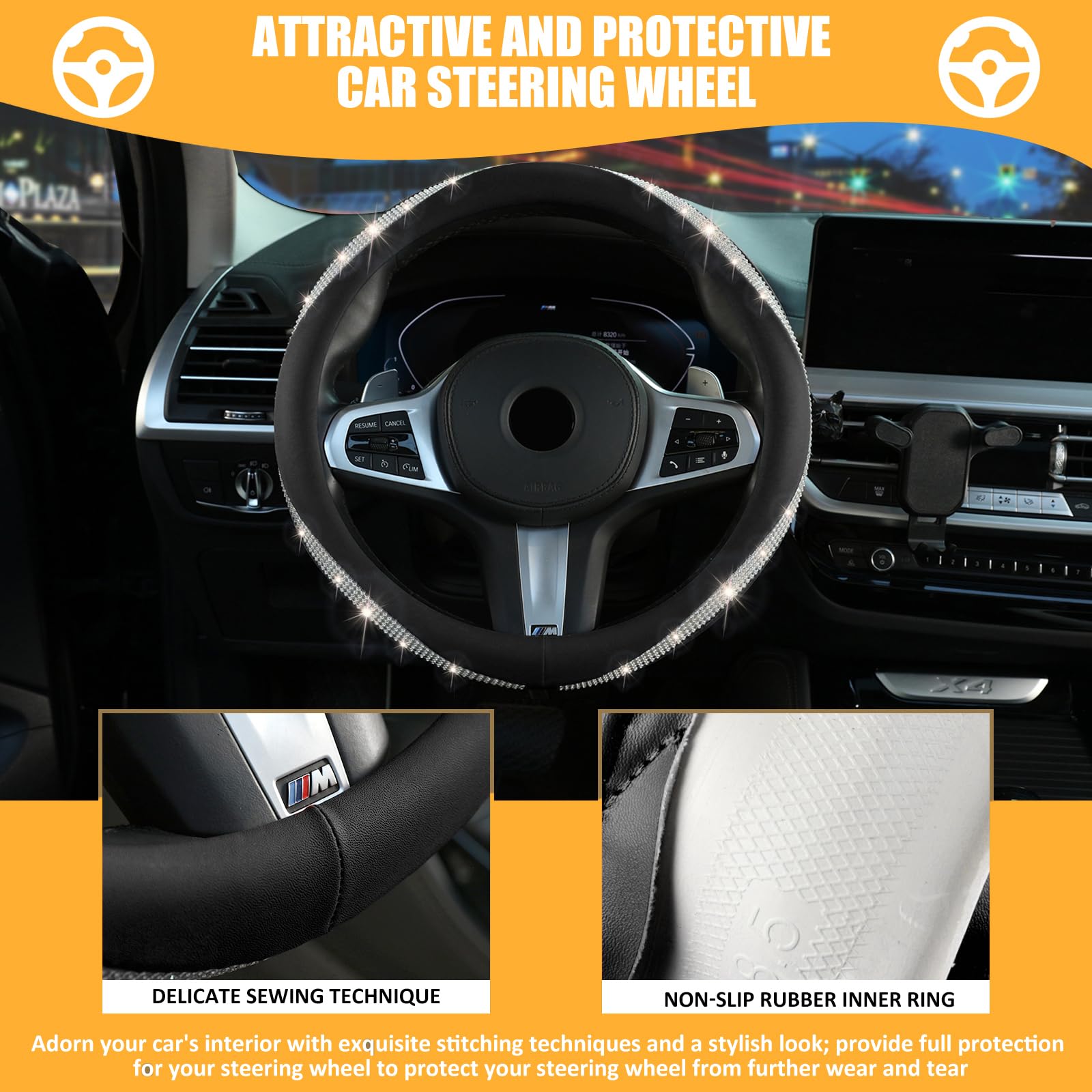 New Diamond Leather Steering Wheel Cover with Bling Crystal Rhinestone, Delicate and Anti-Slip Sparkly ,Fit 14'' 1/2-15'' Car Wh