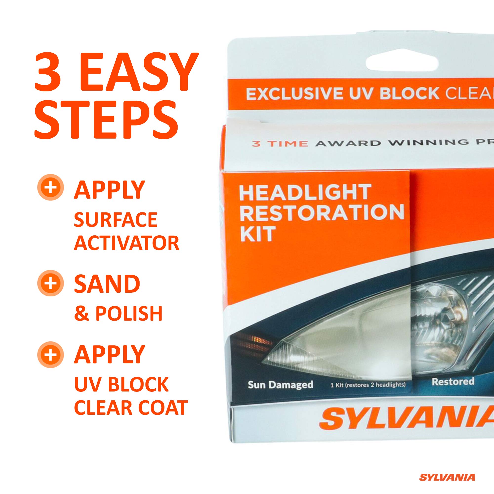 Sylvania - Headlight Restoration Kit - 3 Easy Steps To Restore Sun Damaged Headlights With Exclusive Uv Block Clear Coat, Light