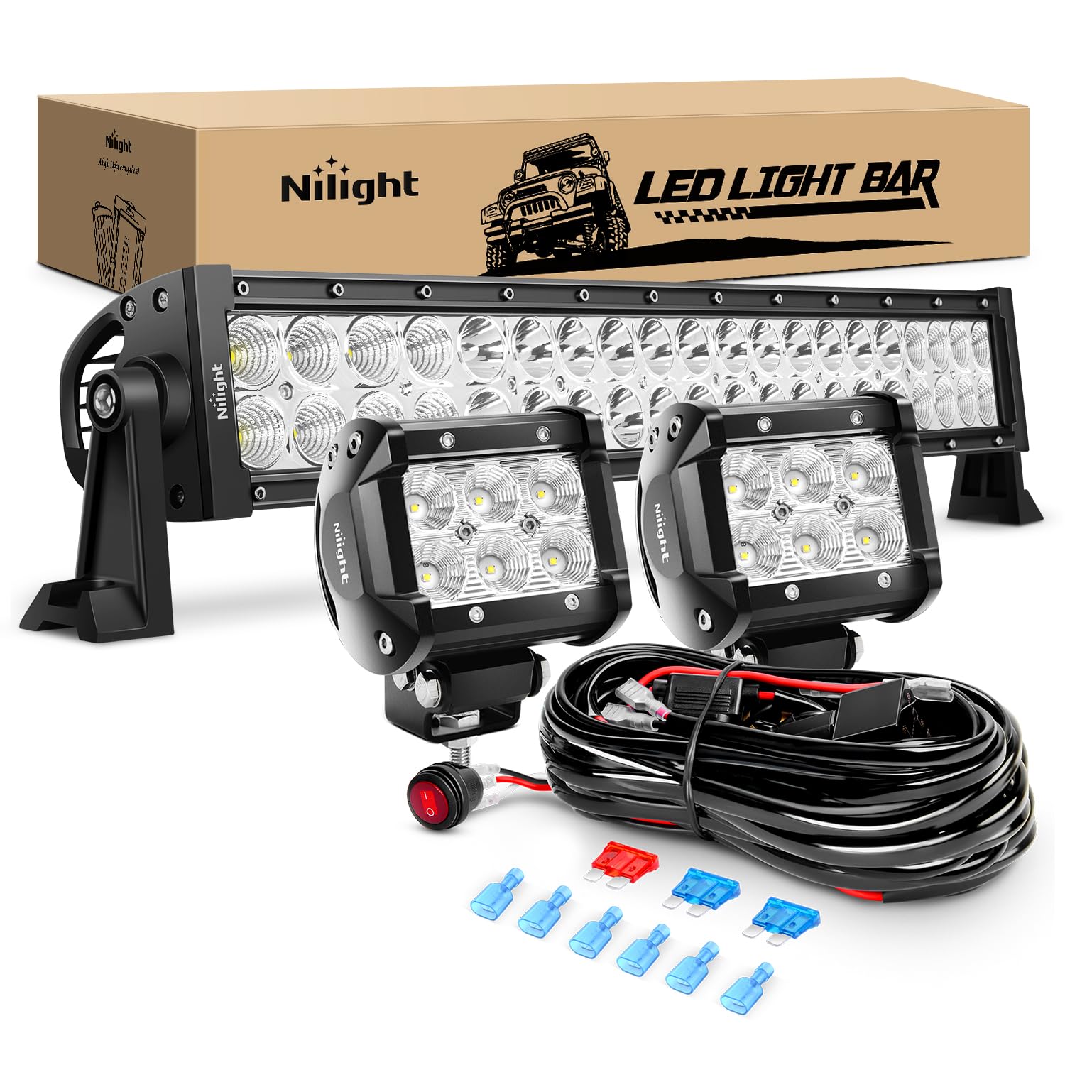 Nilight - Zh004 22Inch 120W Spot Flood Combo Led Light Bar 2Pcs 4Inch 18W Flood Led Pods Fog Lights With 16Awg Wiring Harness Ki