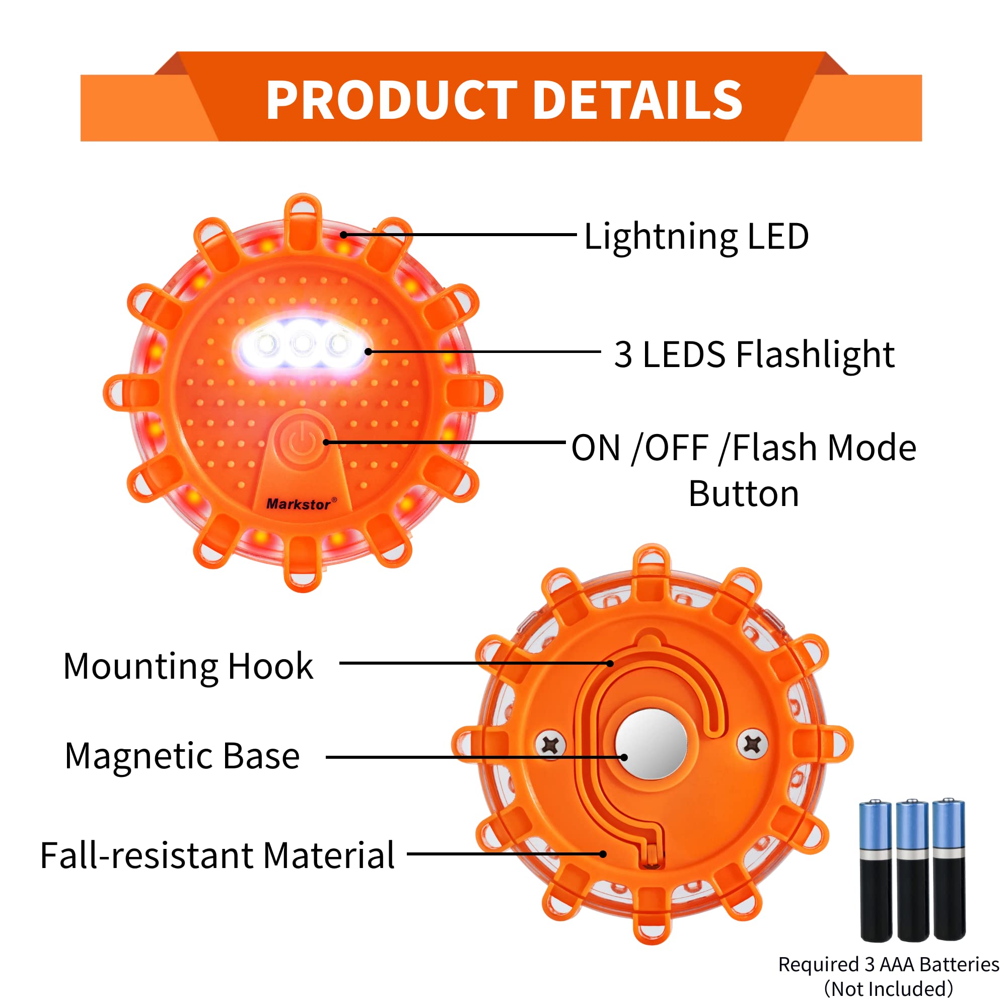 Markstor 12 Pack Of Led Road Flares Waterproof Road Emergency Lights Beacon Kit For Cars Truck Boats With Hook, Amber Led Flares Warning Roadside Lights Disc (Battery Not Included)
