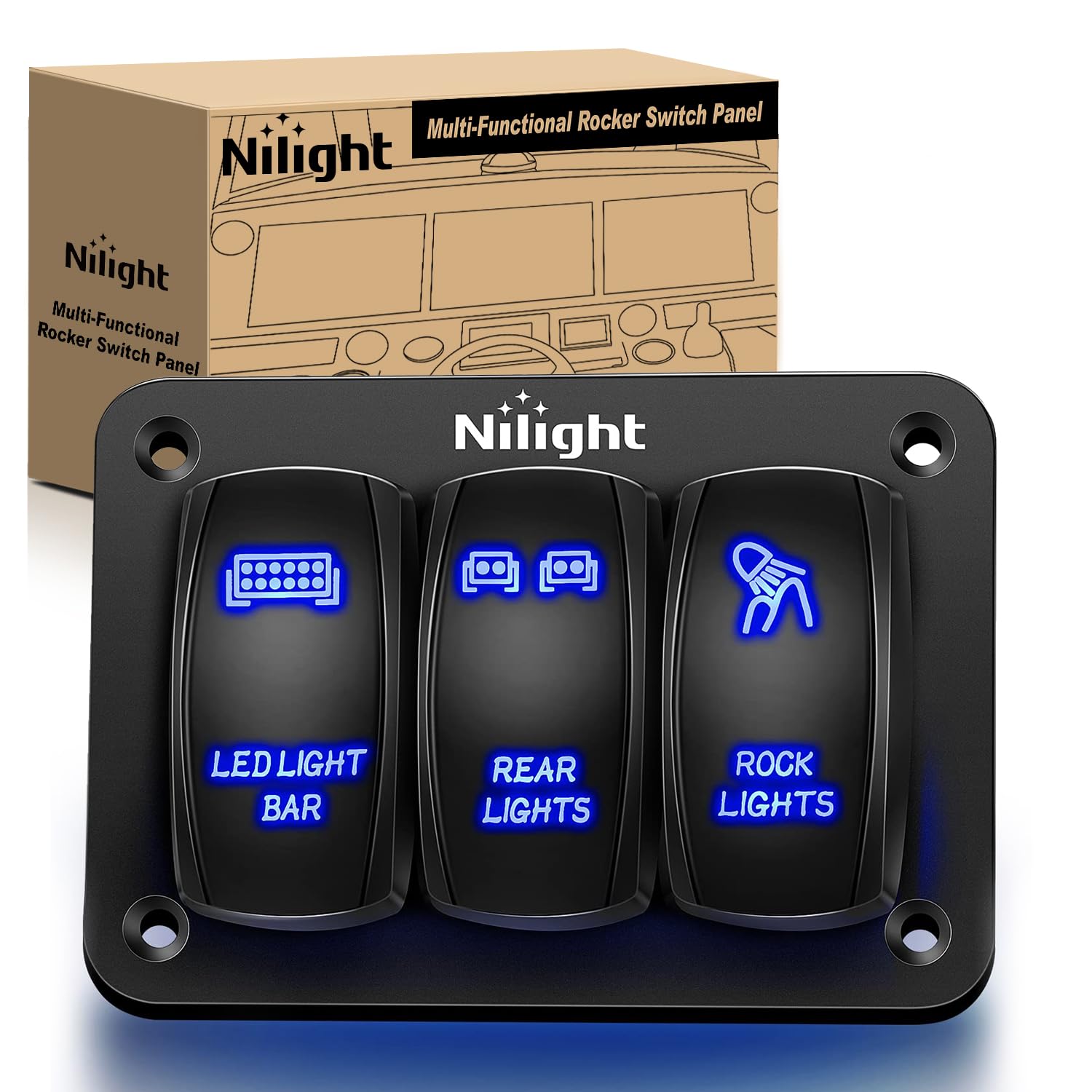 Nilight - 90105C 3 Gang Aluminum Rocker Switch Panel 5 Pin ON/Off Pre-Wired Toggle Switch Panel With Rocker Switch Holder 12/24V