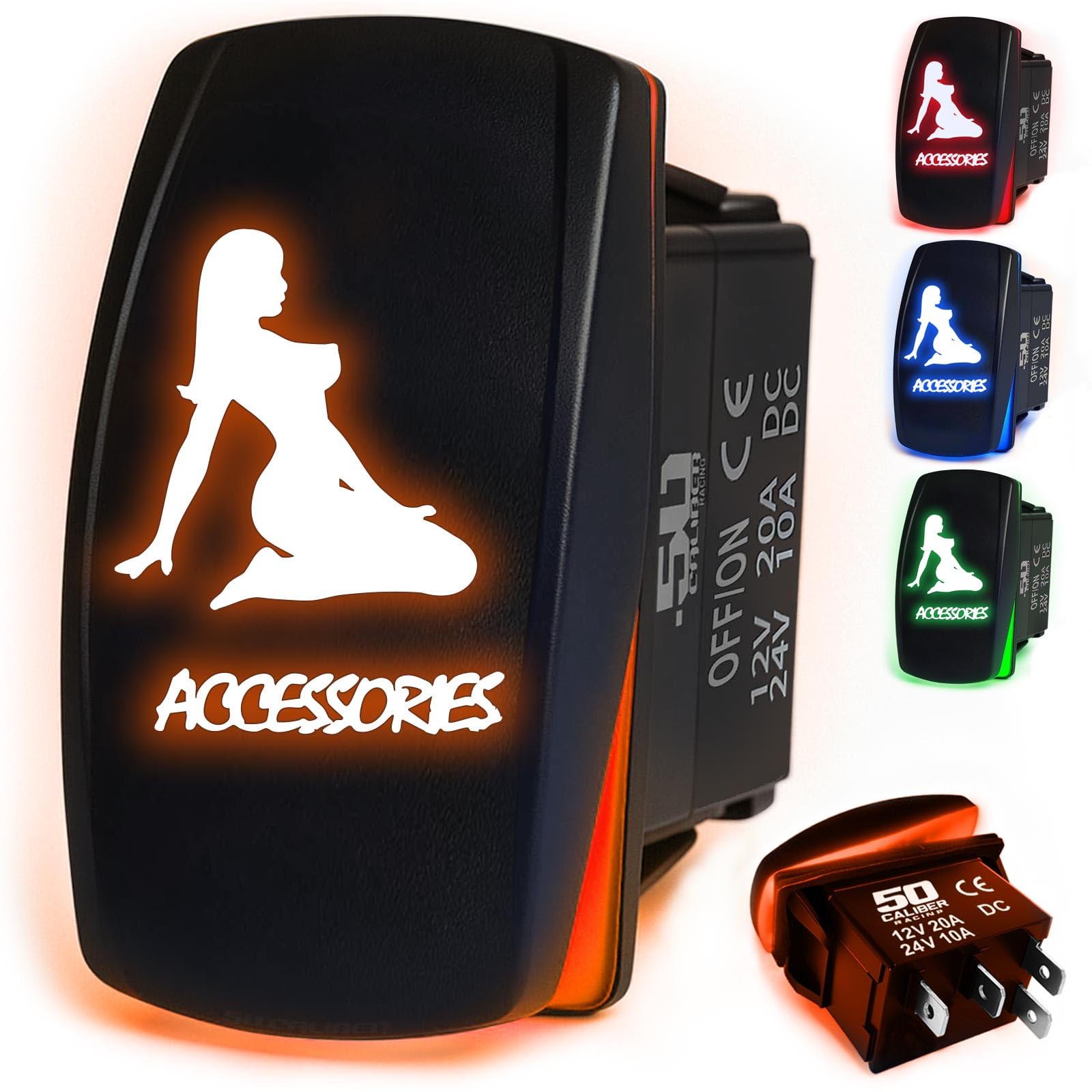 50 Caliber Racing Rocker Switch On/Off Led Backlit -Accessories Orange- Utv, Auto, Boat 20A 12V [5359A29 Orange]