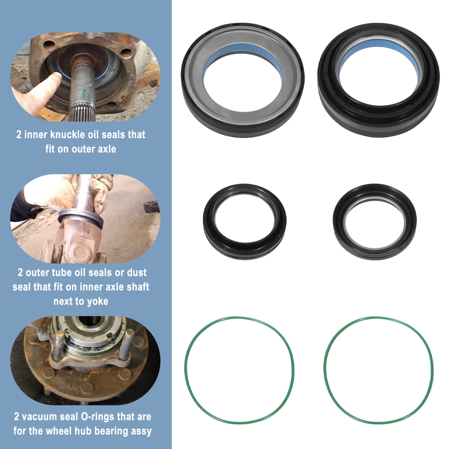 Front Axle Vaccum Knuckle & Tube Seal Kit Fit For 1998 1999 2000 2001 2002 2003 2004 Ford Super Duty Excursion F250 F350 F450 F550 Dana 50 60, Replace Oem Part # 50491, 50381, 41784-2