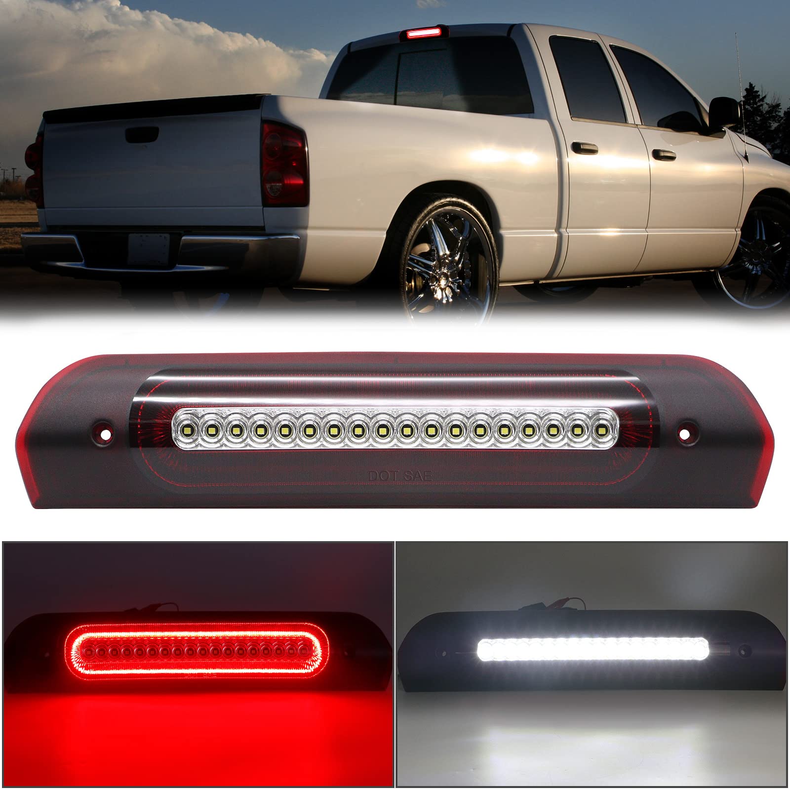 R&F Auto Led Strobe High Mount Brake Light Replacement For Ram 1500 2500 3500 (2002-2008), For Ram 2500 3500 (2009) Third Brake Lamp With Seal Foam Gaskets F1 Style Red Flash Red White Lens