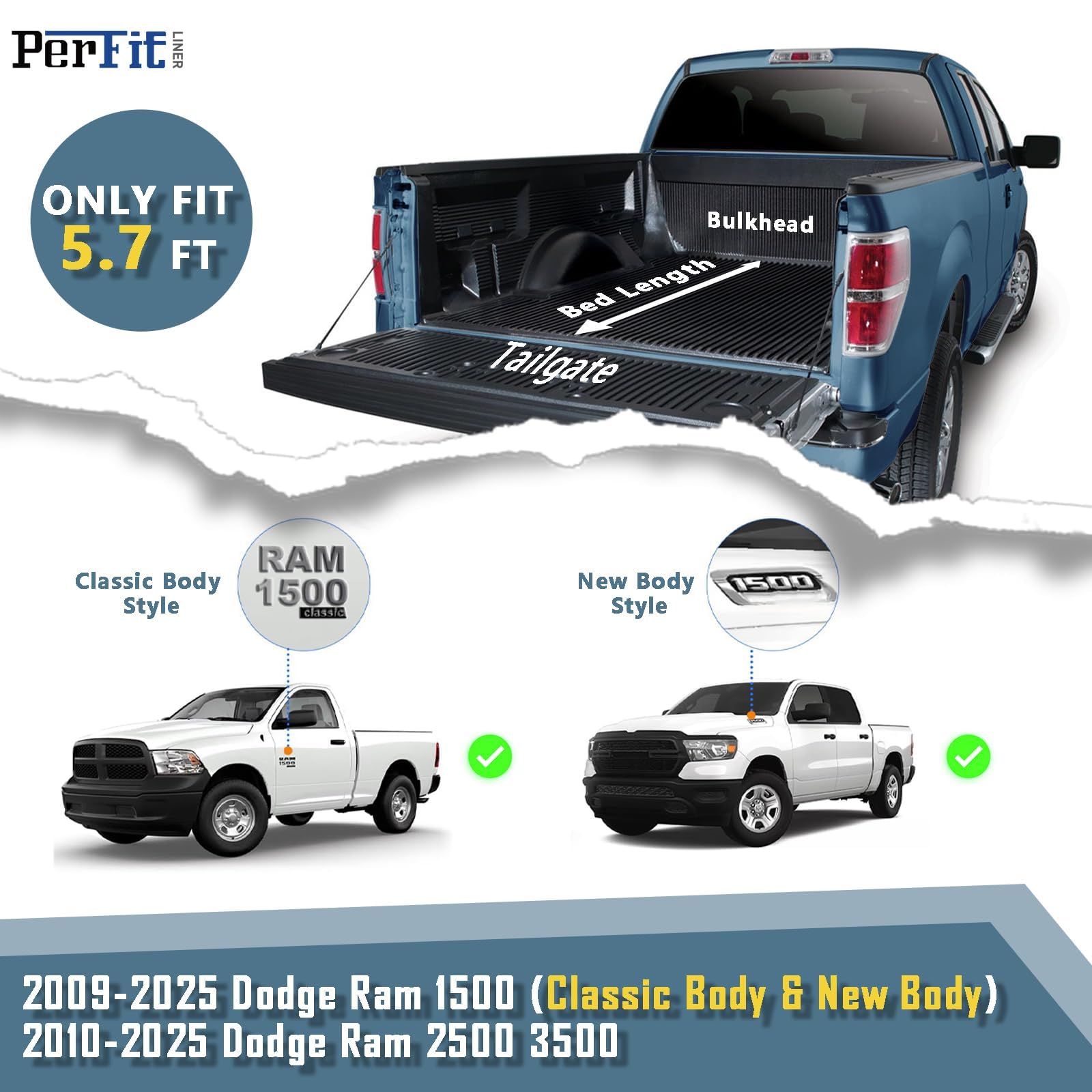 Perfit Liner Soft Tri-Fold Truck Bed Tonneau Cover for 2009-2025 Dodge Ram 1500, 2010-2025 Dodge Ram 2500 3500 5.7 FT (67) Bed
