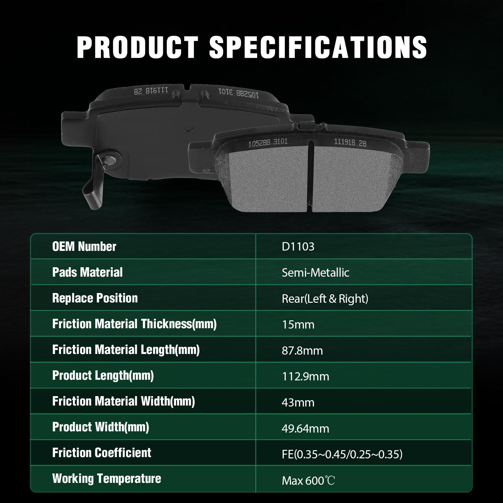 Automuto 4Pcs Rear Semi-Metallic Disc Brake Pads Set D1103 For Acura Tl 2009-2014,For Honda Ridgeline 2006-2014