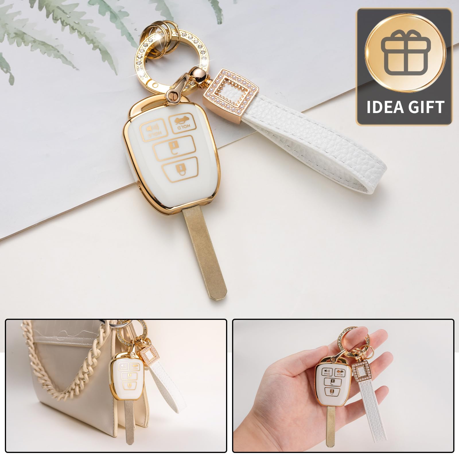 Cacarlike Toyota Key Fob Cover With Leather Lanyard, Compatible With 2018-2024 Highlander Rav4 Camry Avalon C-Hr Corolla Gt86 Sm