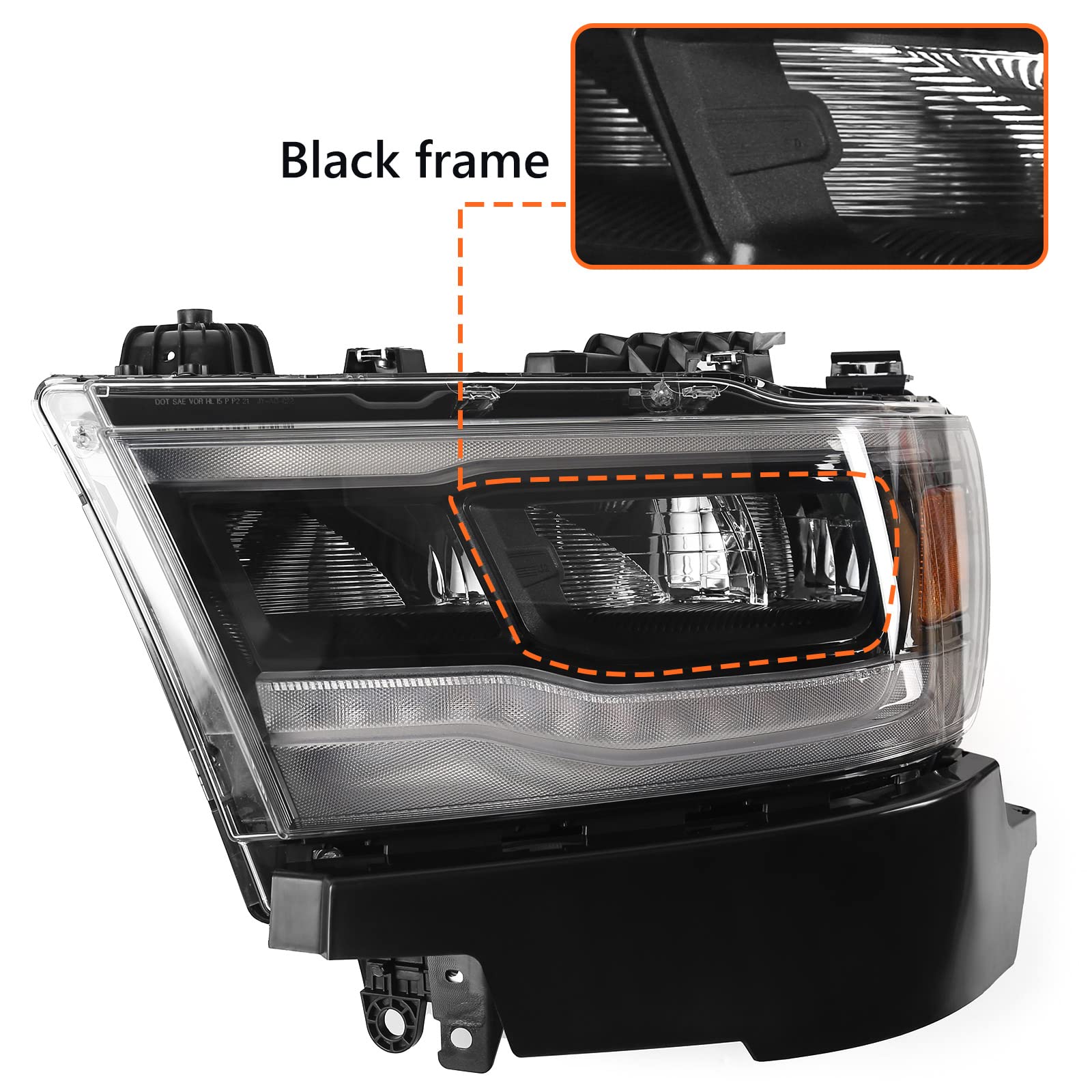 Fione Led Headlight Assembly Compatible With Dodge Ram 1500 2019-2022 Black Cover Headlamp Right Passenger Side 68533274Aa Ch2503320