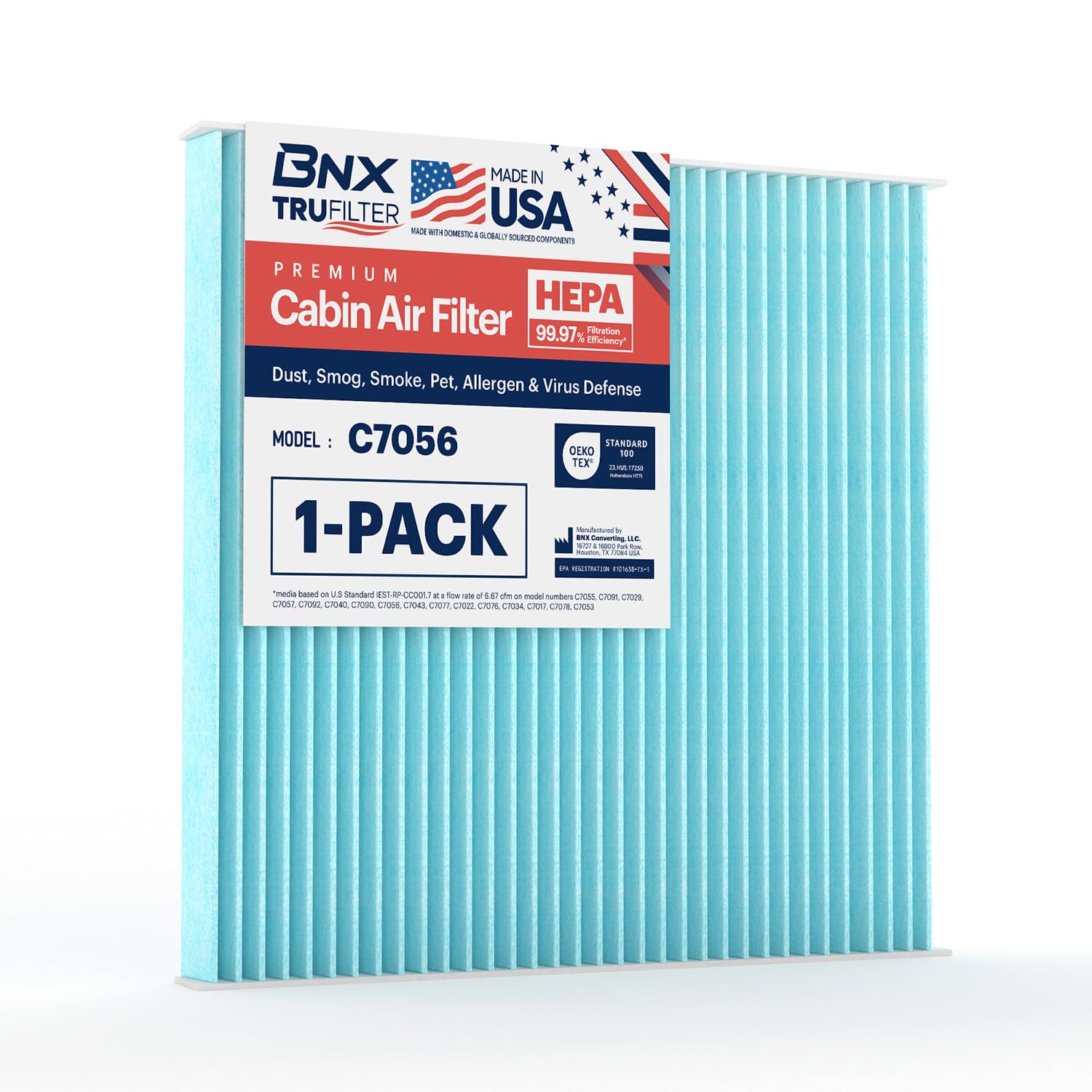 Bnx Trufilter C7056 Cabin Air Filter, Hepa 99.97%, Made In Usa, Compatible With Select Toyota Camry, 4Runner, Prius, Avalon, Fj