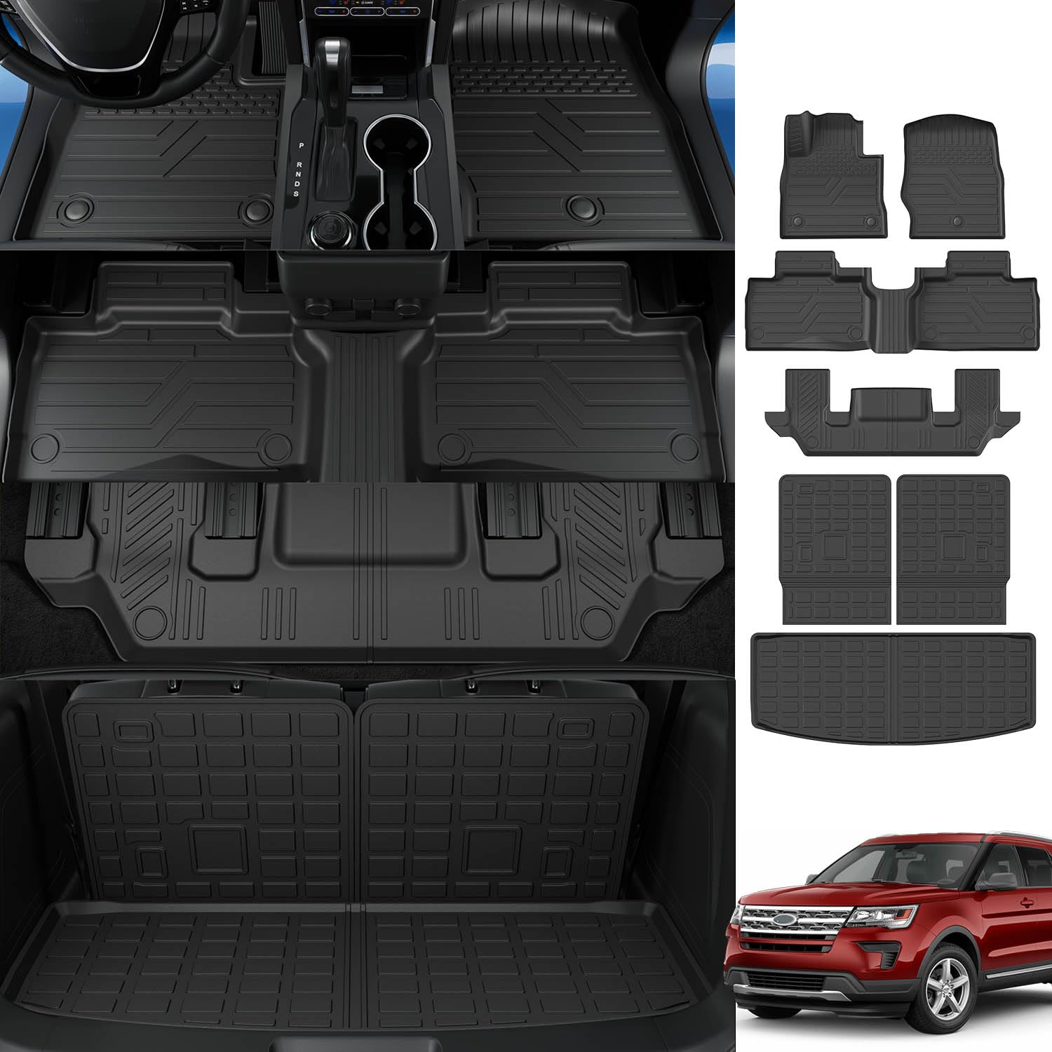 Powoq 6-Seat Floor Mat Compatible With 2020-2025 Ford Explorer Trunk Mat Tpe Backrest Mat Replacement For 2020-2022 2023 2024 20