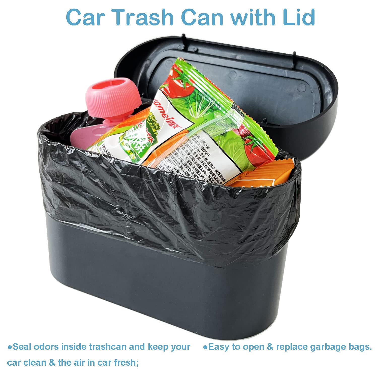 Kitbest Car Trash Can Bin With Lid, 60 Pcs Trash Bags And 2 Pcs Car Hooks. Mini Car Garbage Can, Dustbin Can Organizer Storage F