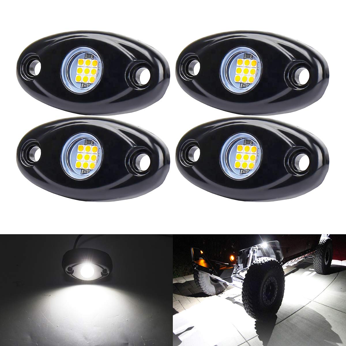 White Led Rock Lights, 4 Pods Neon 12V Waterproof Underglow Underbody Kit Crawler Crawling Dome Exterior Wheel Lights For Atv Rz
