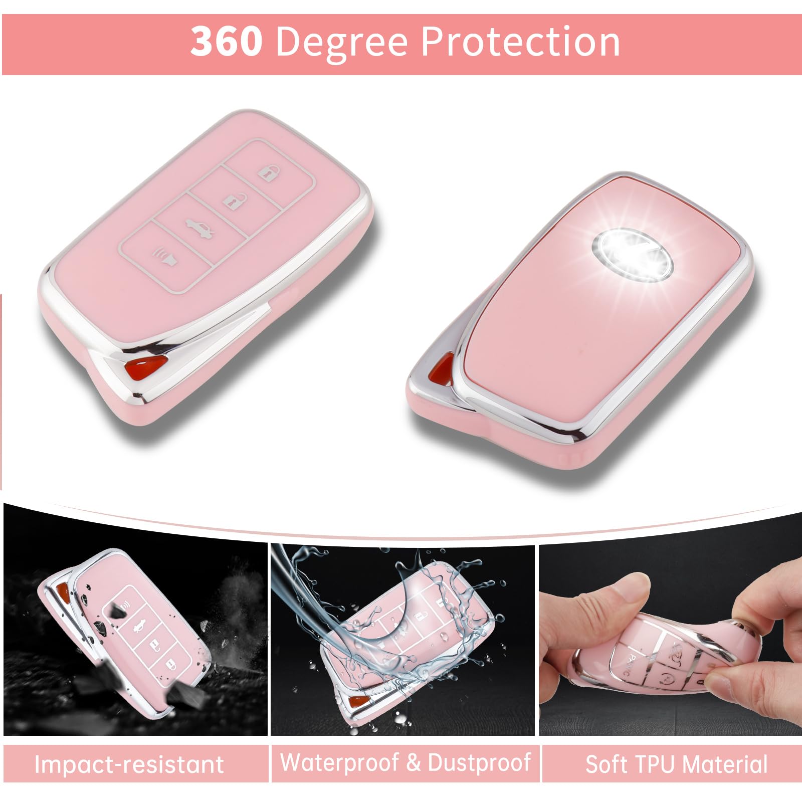 Pangpai Pink Key Fob Cover for Lexus, Soft TPU Key Case Protection with Bling Keychain Fit for Lexus RX ES GS LS NX RS GX LX RC