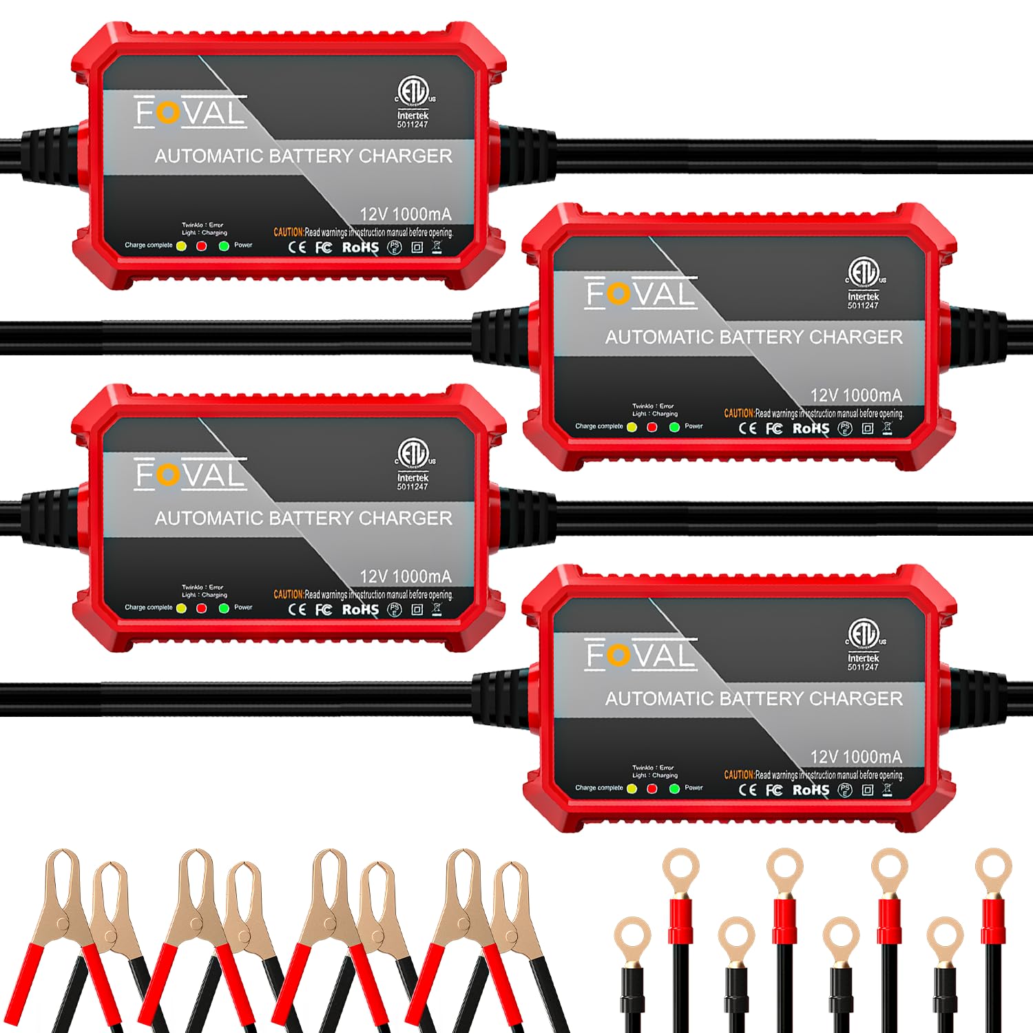 [4-Pack] FOVAL Fully Automatic Trickle Battery Charger, 1000mA 12V Smart Car Battery Charger, Battery Maintainer, Float Charger 