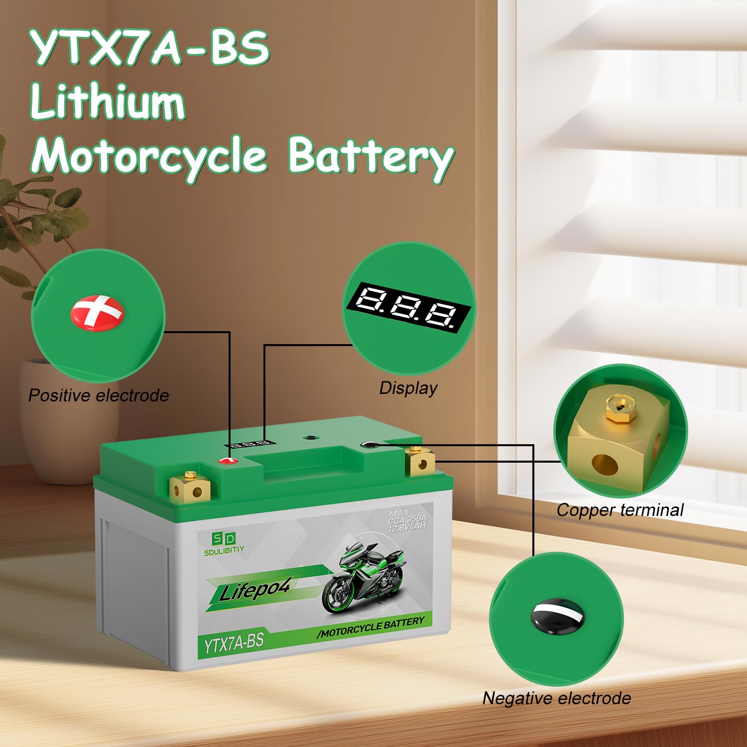 YTX7A-BS Lithium Motorcycle Battery 12.8V 4Ah 350CCA High Performance Lithium Powersports Battery with Smart BMS, Compatible Mot