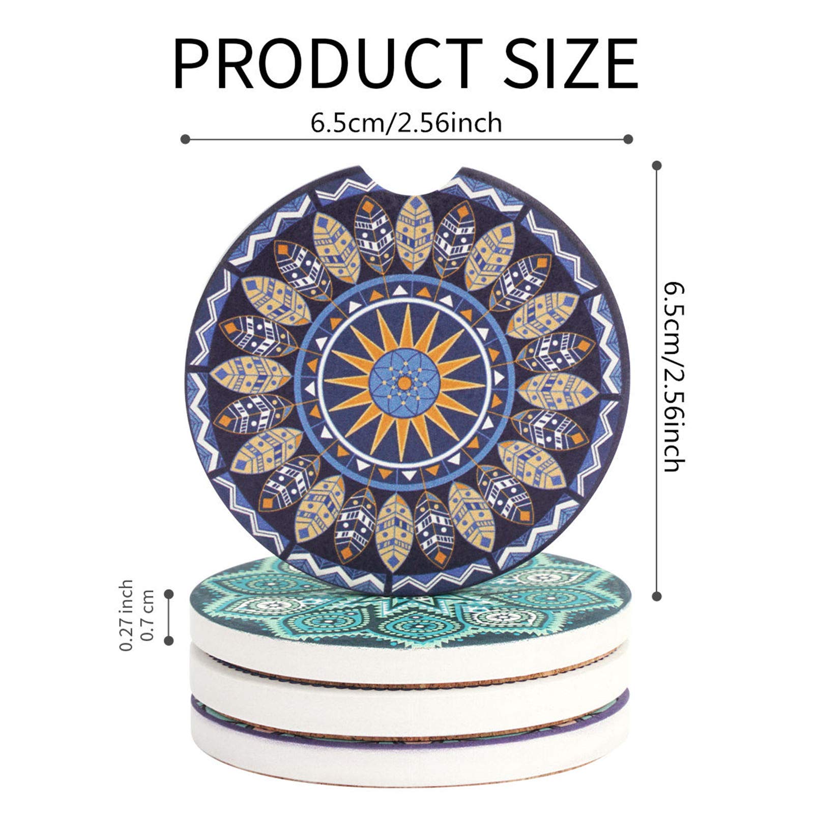 Vaincre 4 Pack 2.56'' Car Coasters For Drinks Absorbent, Mandala Ceramic Cup Holder Coaster For Your Car With Fingertip Grip, Re