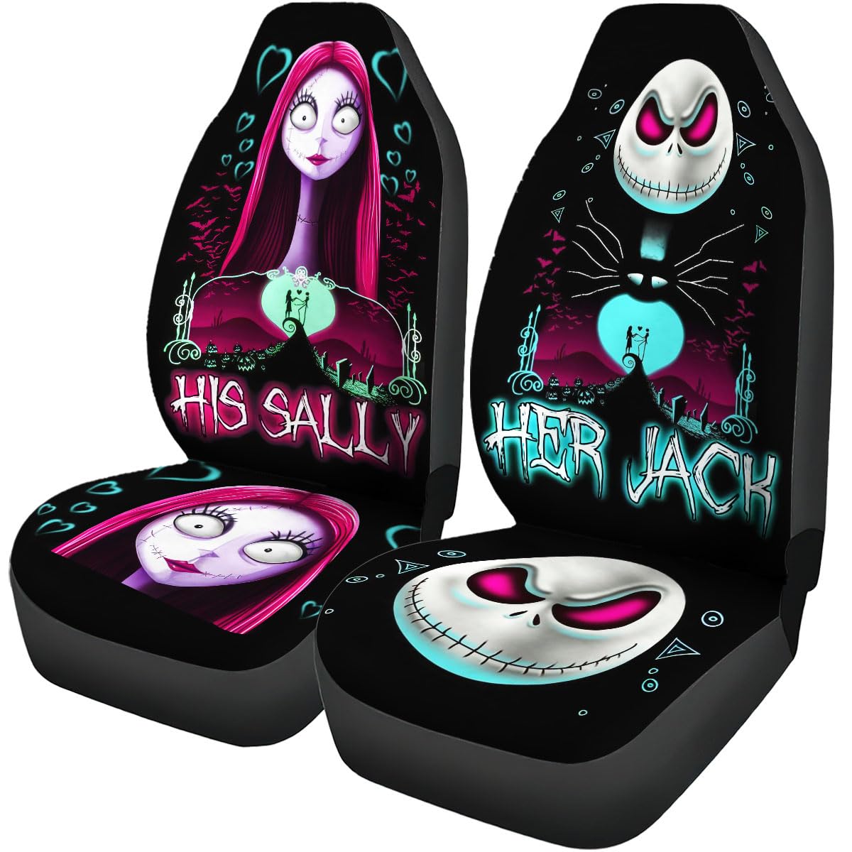 Genany Horror Nightmare Skellington Couple 2 Front Car Seat Covers For Car Truck Sedan Suv, Halloween Car Seat Cover, Durable Au