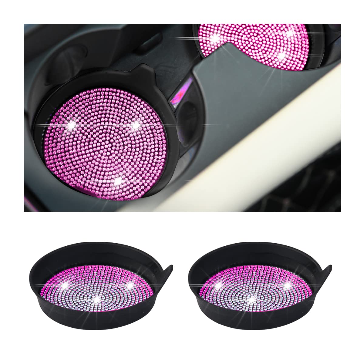 Zipelo Bling Car Cup Coaster, 2 Pack Universal Vehicle Anti-Slip Cup Holder Insert Coasters, Crystal Rhinestone Silicone Shockpr