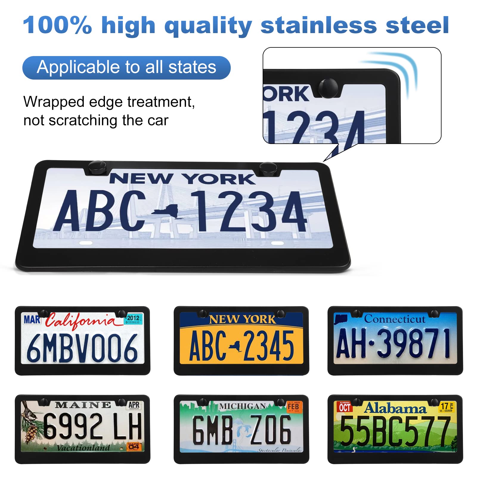 Quanqiufei 2 Pack License Plate Frames, Stainless Steel Car License Plate Cover Car Accessories With Screw Caps (Black)