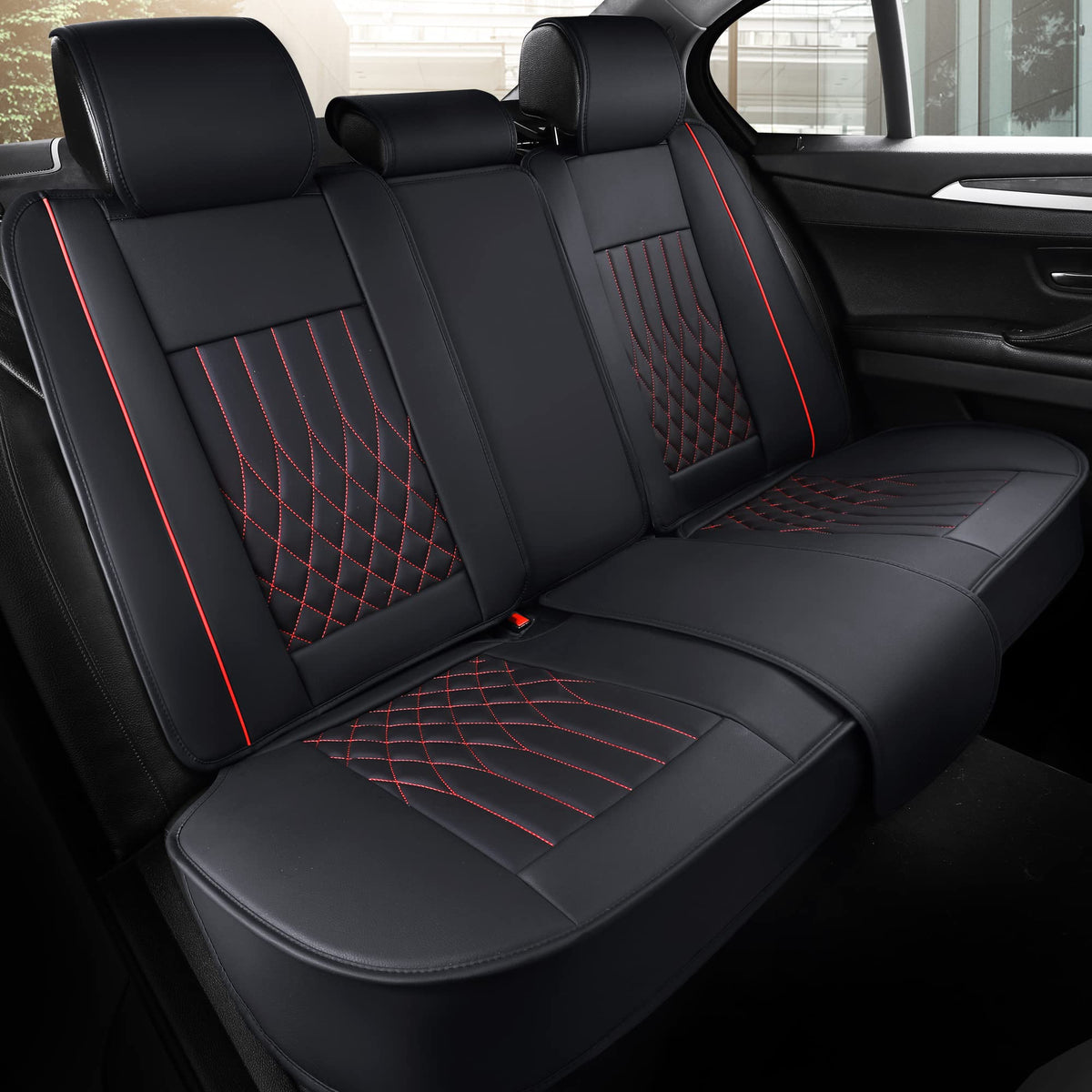 Aierxuan Rear Car Seat Covers With Waterproof Leather, Automotive Vehicle Cushion Cover Universal Fit For Most Cars(Black-Red, R